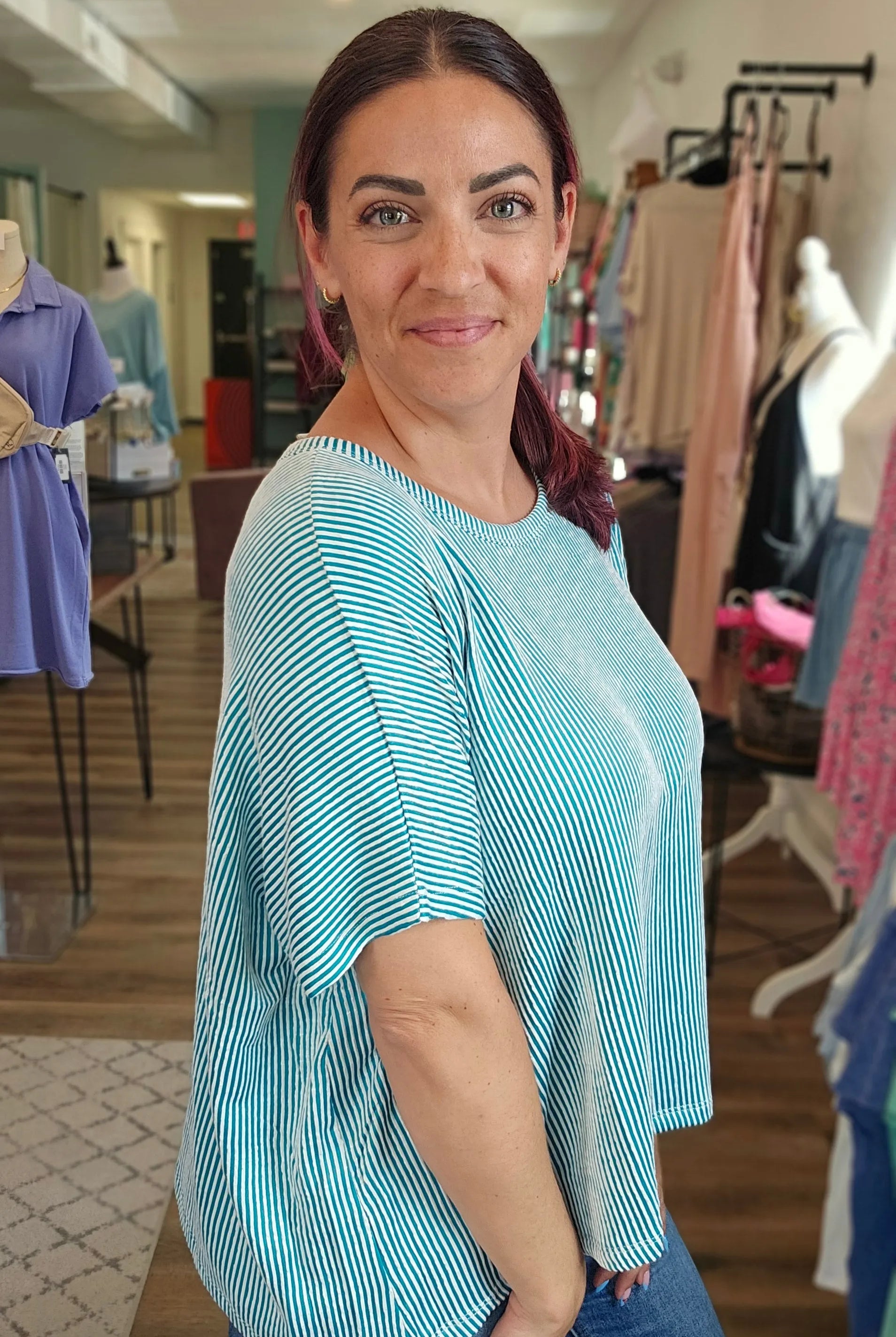 Shop Cora Striped Ribbed Tee - Teal- at Ruby Joy Boutique, a Women's Clothing Store in Pickerington, Ohio