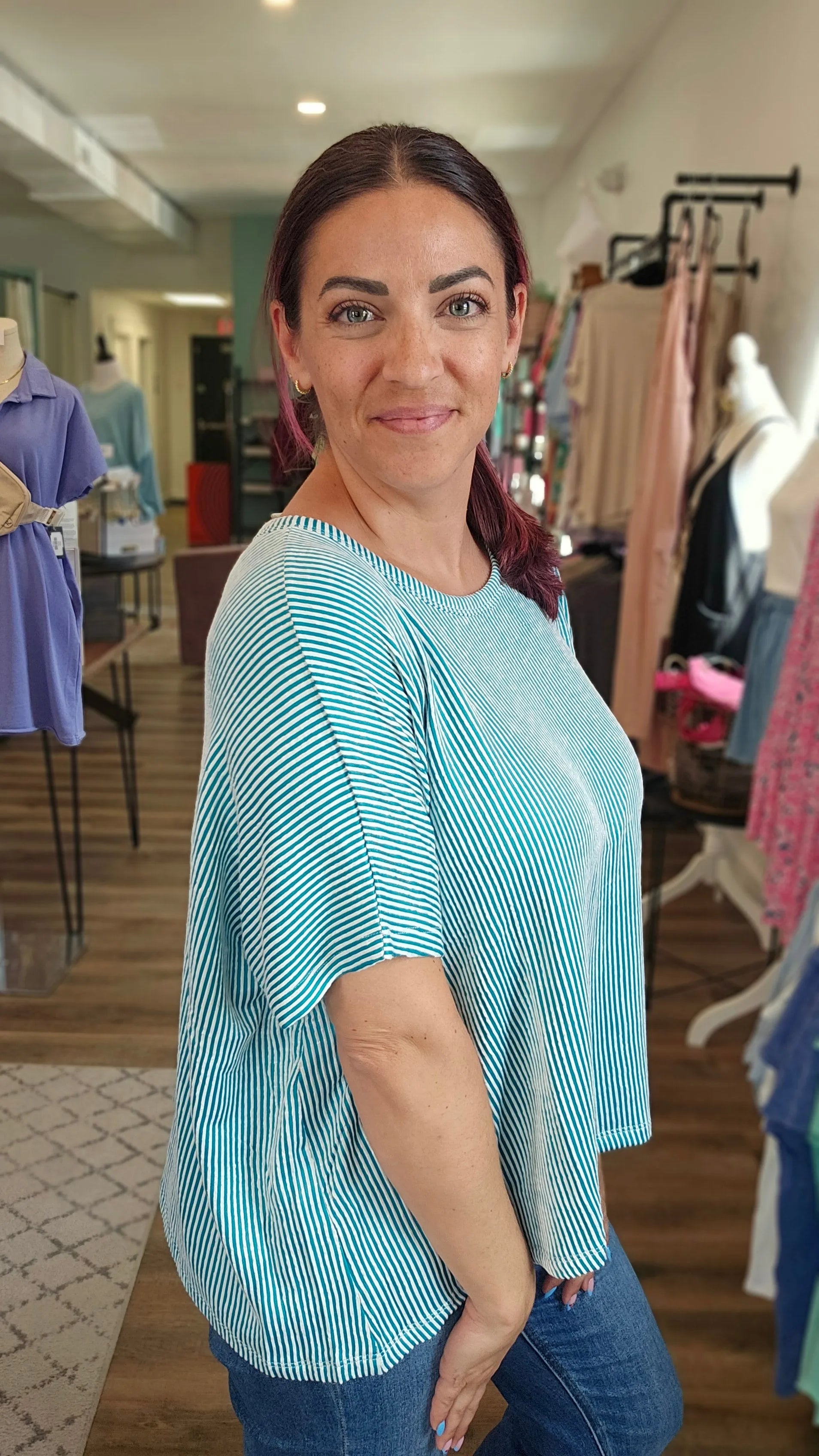 Shop Cora Striped Ribbed Tee - Teal- at Ruby Joy Boutique, a Women's Clothing Store in Pickerington, Ohio