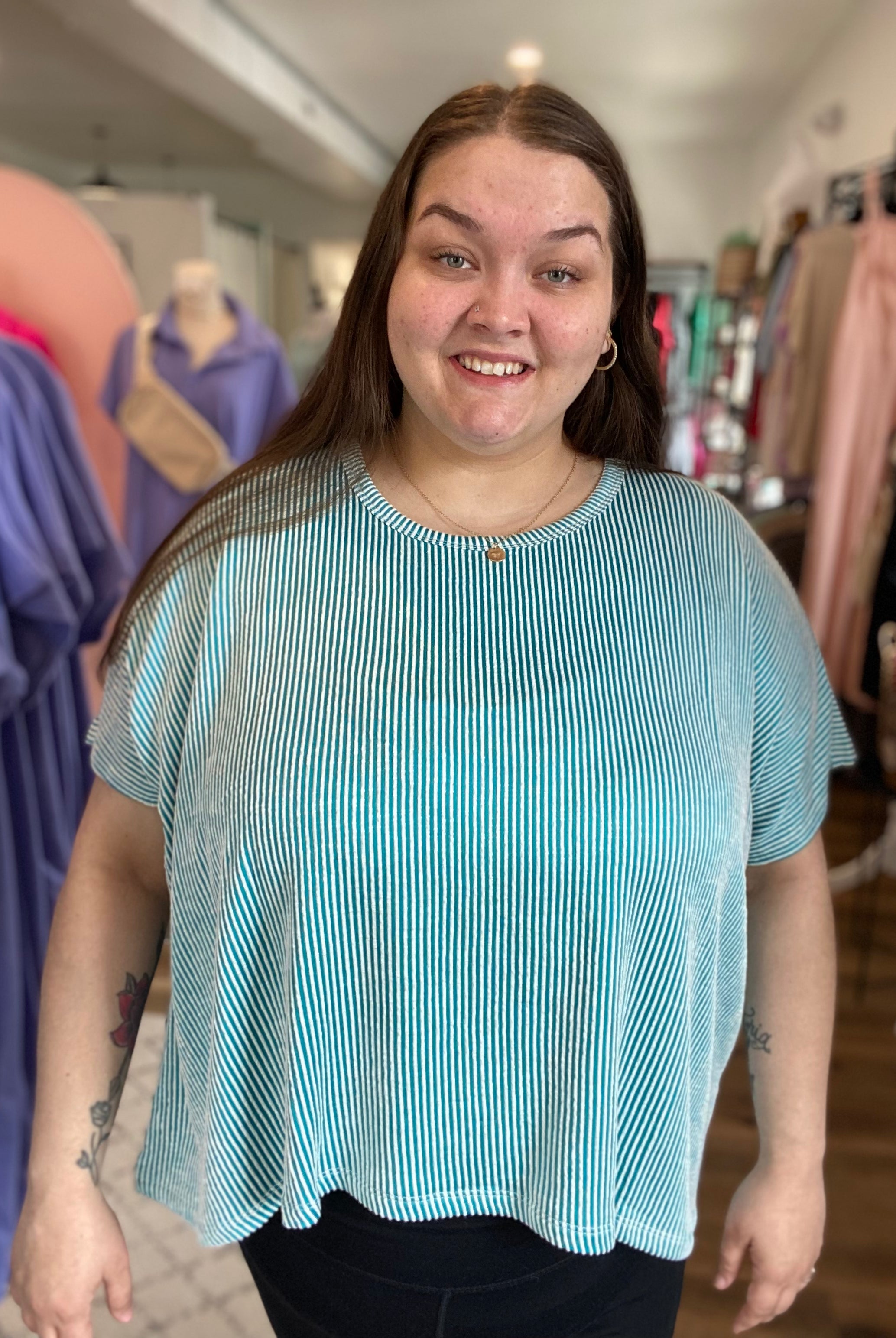 Shop Cora Striped Ribbed Tee - Teal- at Ruby Joy Boutique, a Women's Clothing Store in Pickerington, Ohio