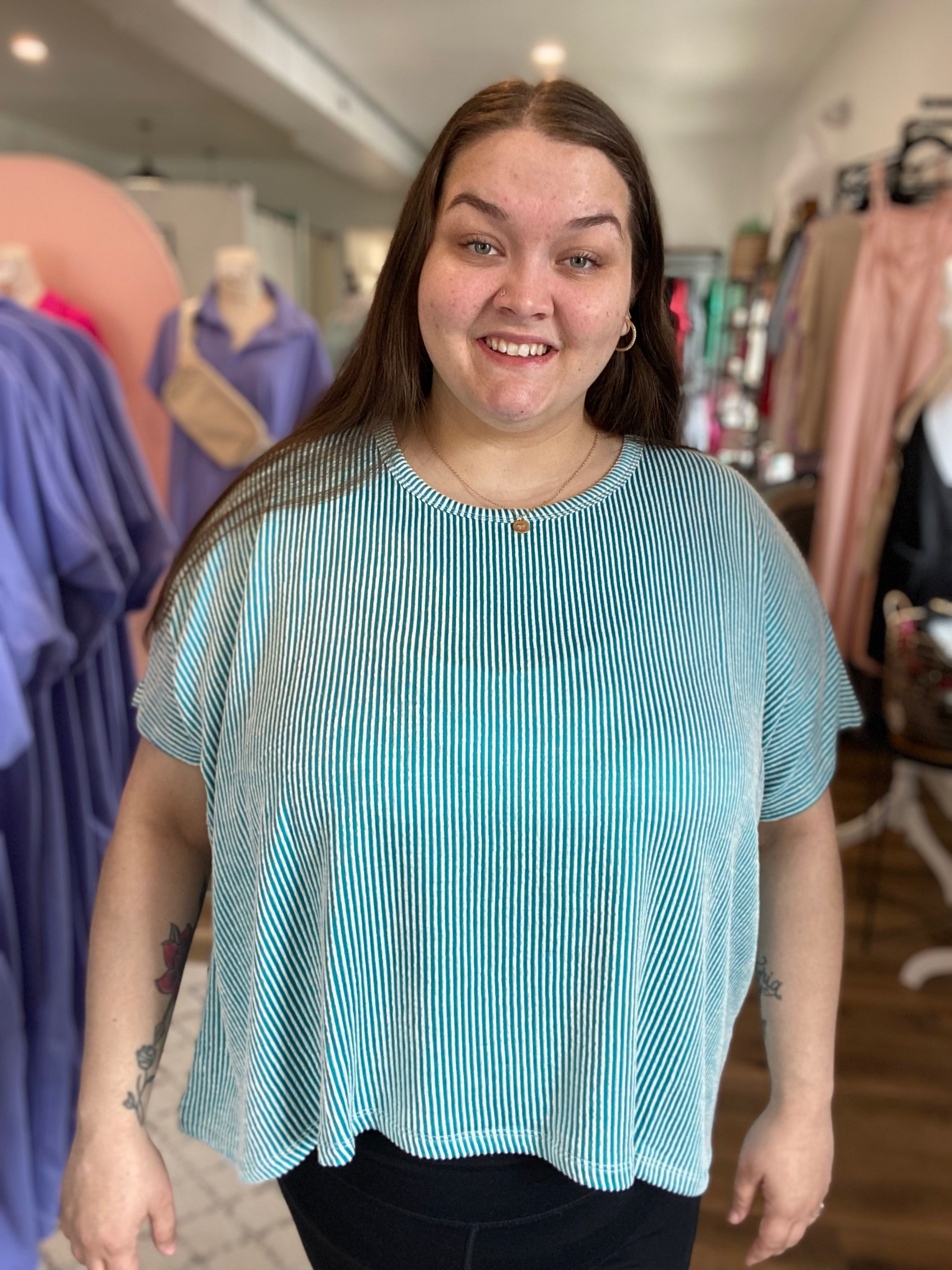 Shop Cora Striped Ribbed Tee - Teal- at Ruby Joy Boutique, a Women's Clothing Store in Pickerington, Ohio
