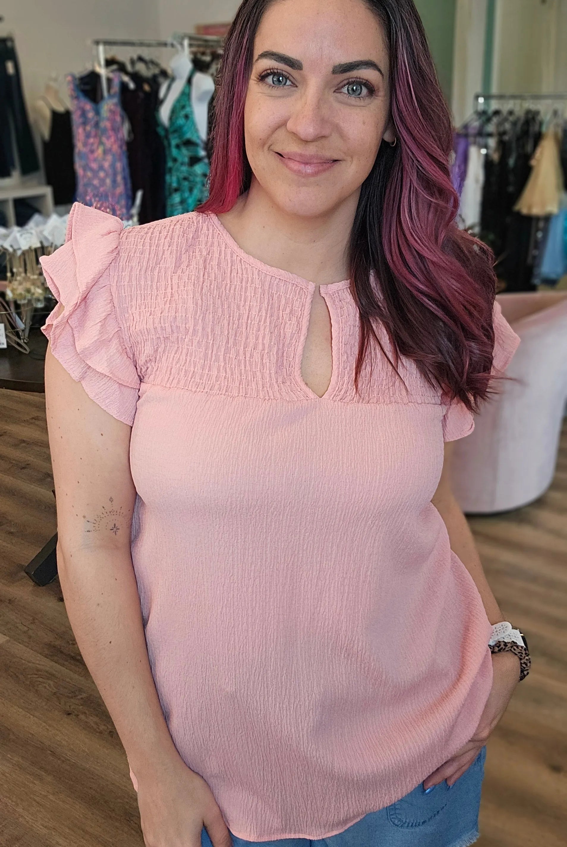 Shop Coral Slit Neck Top- at Ruby Joy Boutique, a Women's Clothing Store in Pickerington, Ohio