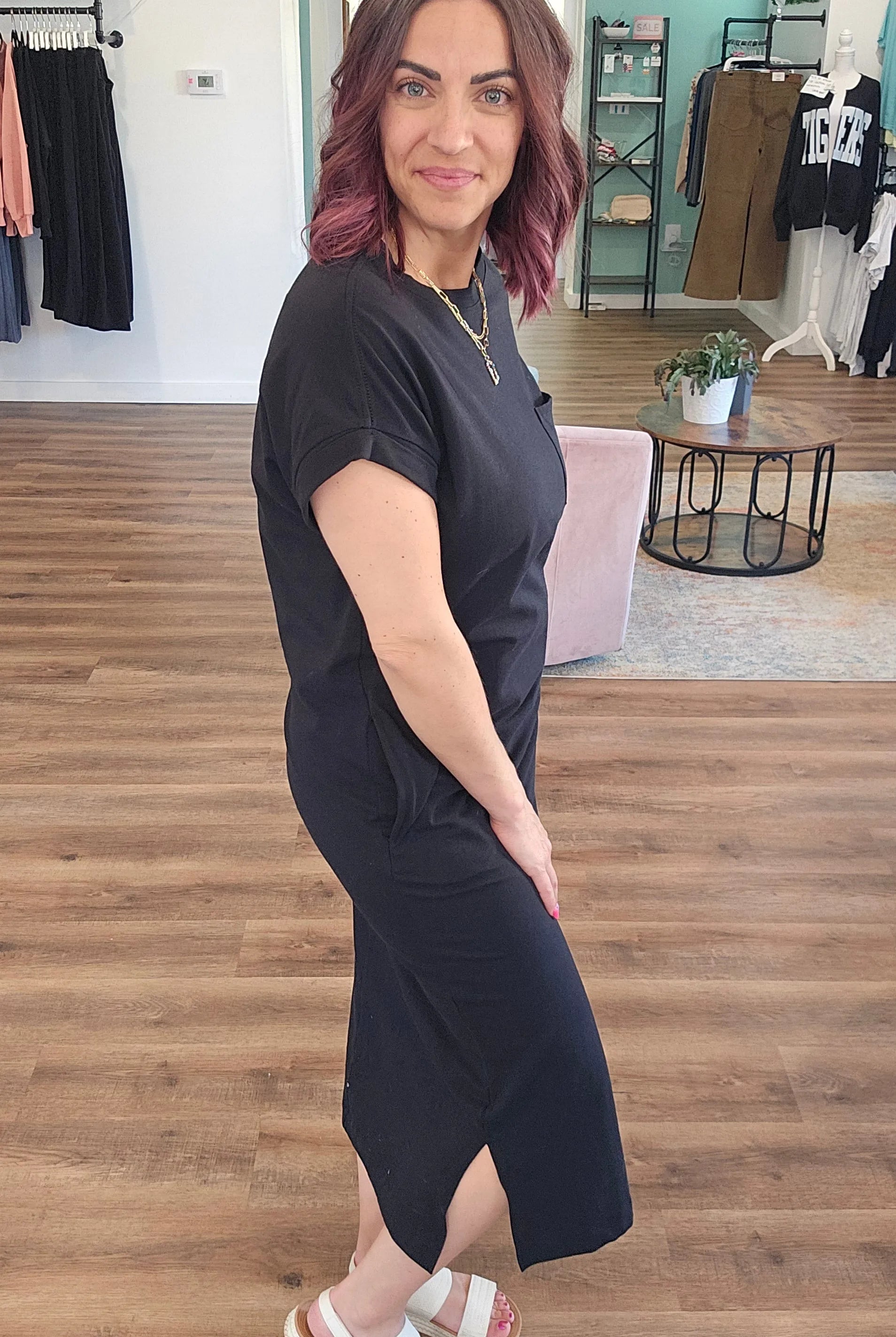 Shop Cotton Midi T-Shirt Dress with Side Slits - Black- at Ruby Joy Boutique, a Women's Clothing Store in Pickerington, Ohio