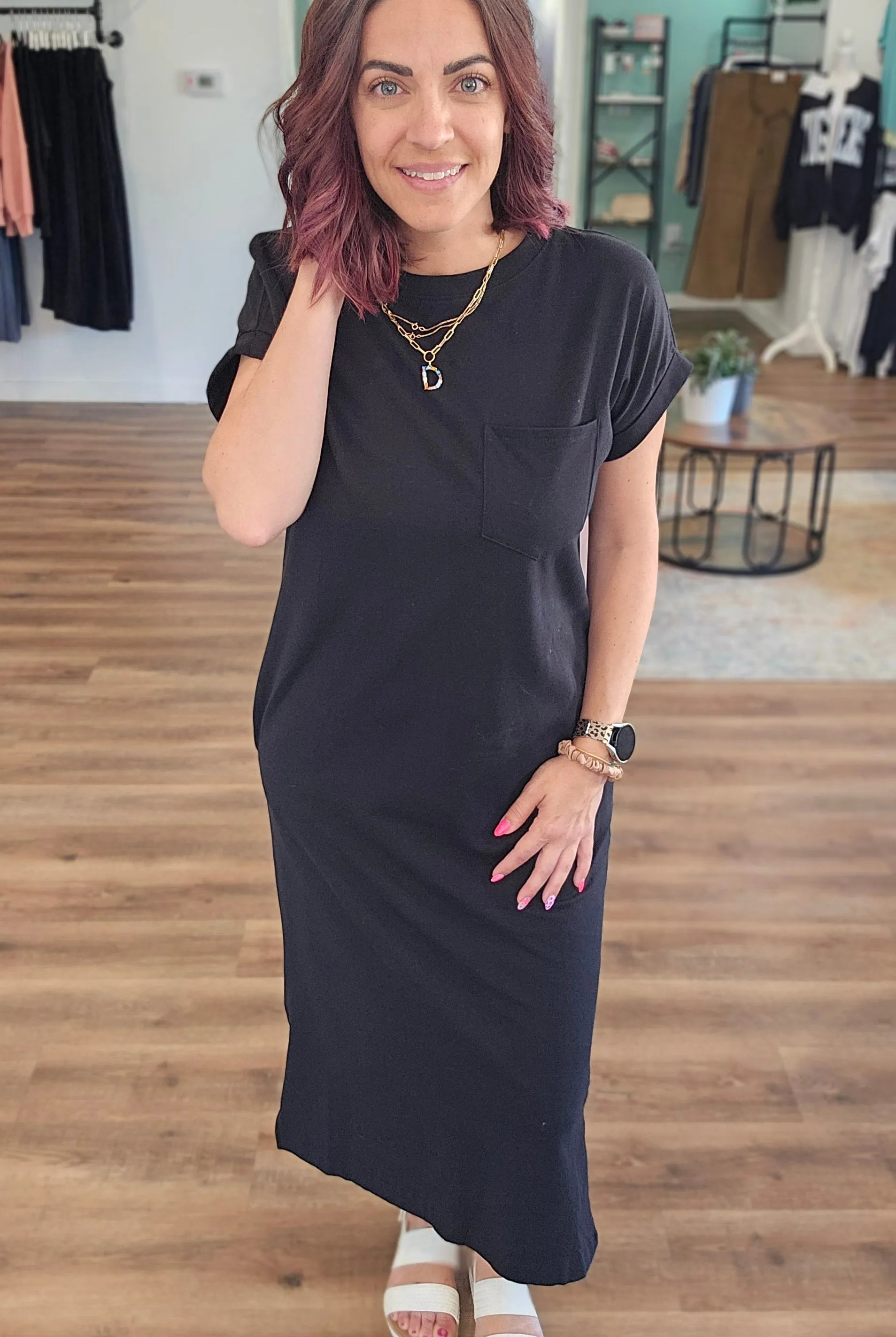 Shop Cotton Midi T-Shirt Dress with Side Slits - Black- at Ruby Joy Boutique, a Women's Clothing Store in Pickerington, Ohio