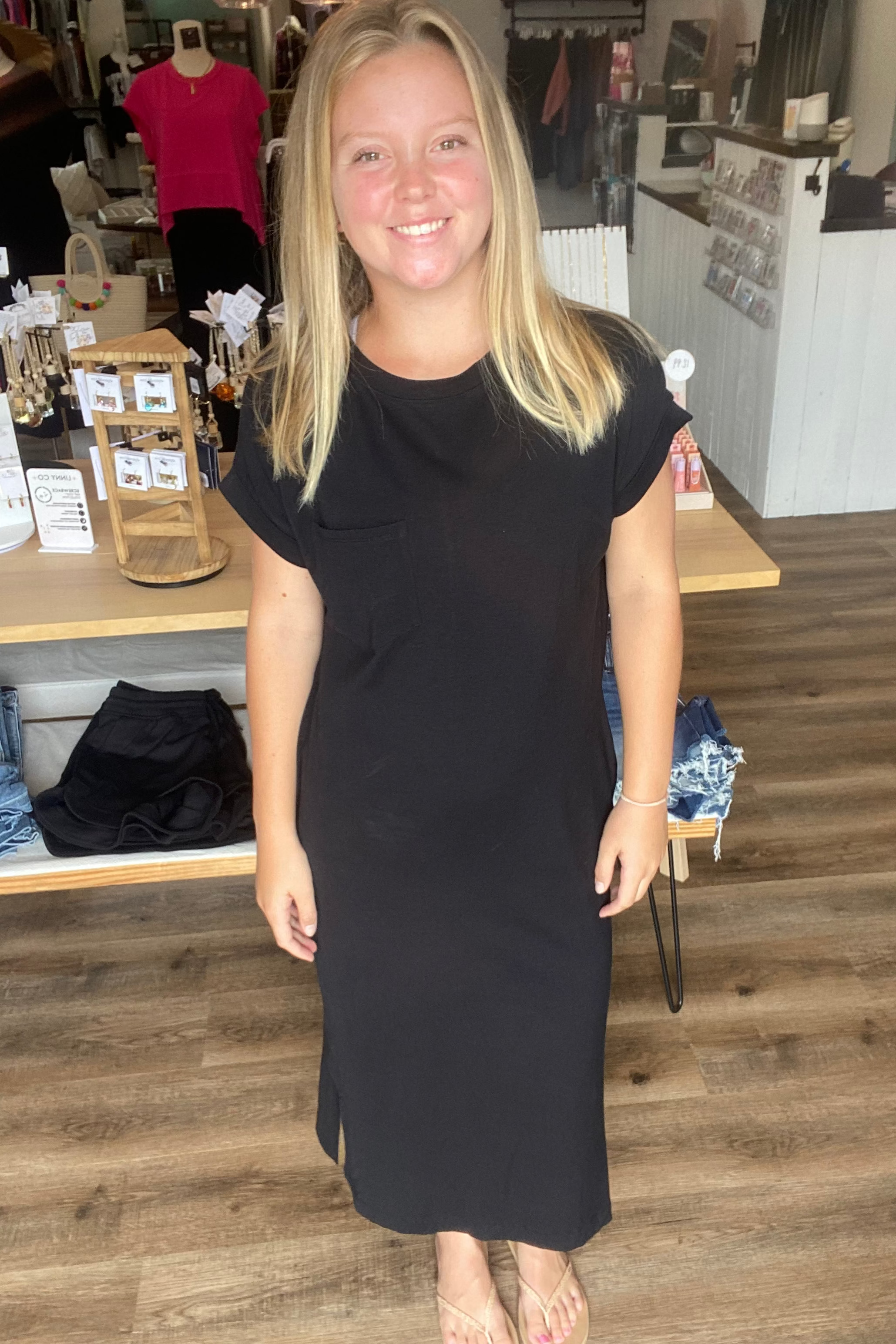 Shop Cotton Midi T-Shirt Dress with Side Slits - Black- at Ruby Joy Boutique, a Women's Clothing Store in Pickerington, Ohio