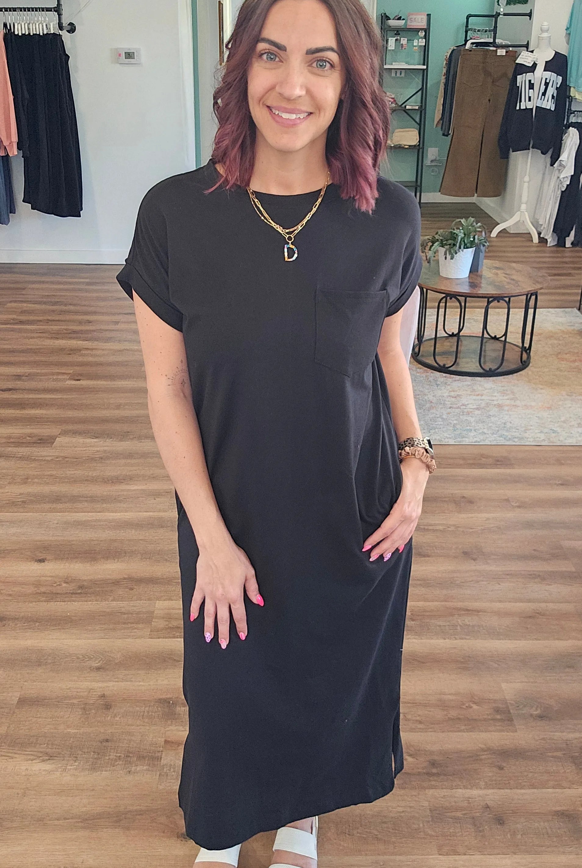 Shop Cotton Midi T-Shirt Dress with Side Slits - Black- at Ruby Joy Boutique, a Women's Clothing Store in Pickerington, Ohio