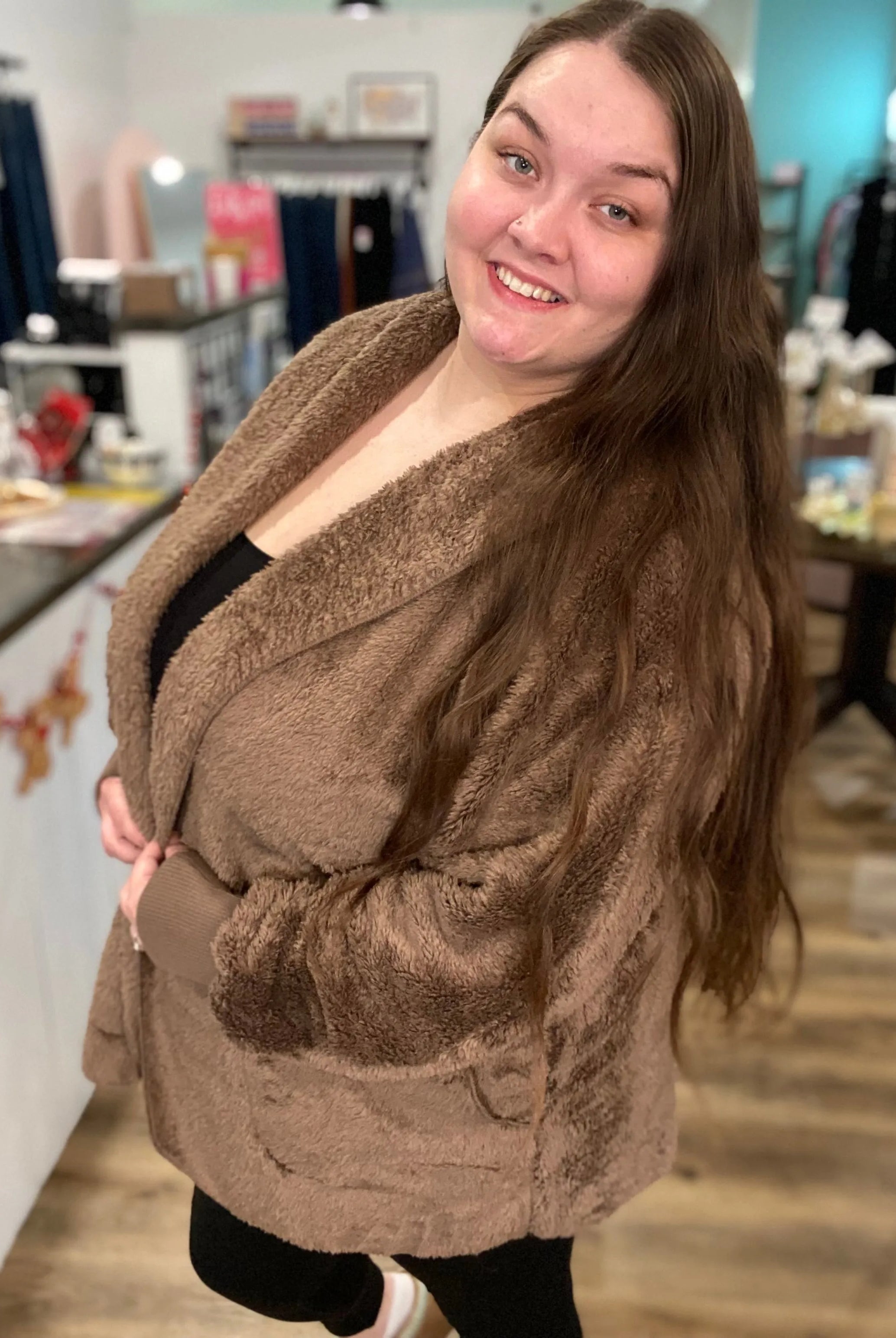 Shop Cozy Hooded Cardigan - Chocolate- at Ruby Joy Boutique, a Women's Clothing Store in Pickerington, Ohio