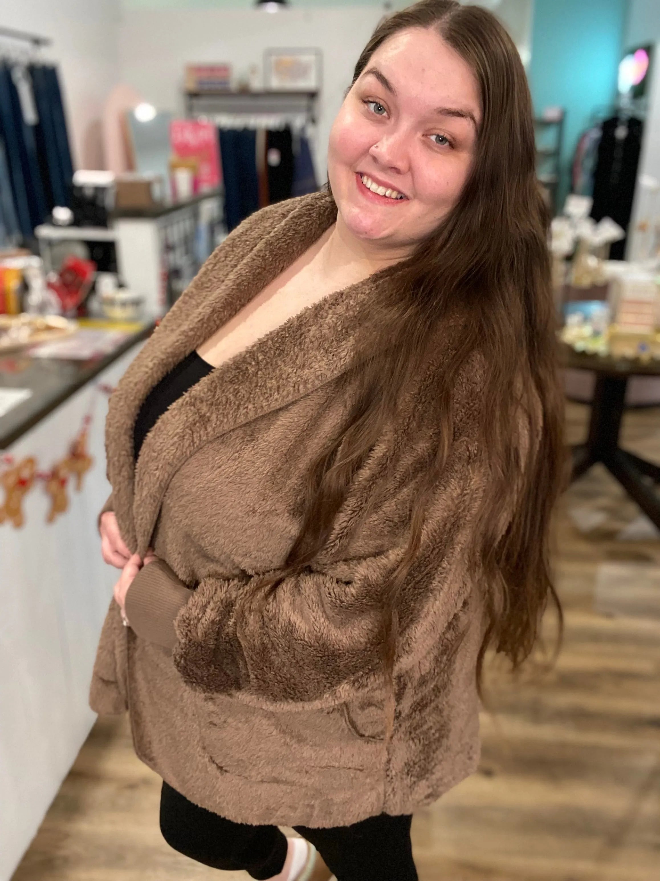 Shop Cozy Hooded Cardigan - Chocolate- at Ruby Joy Boutique, a Women's Clothing Store in Pickerington, Ohio
