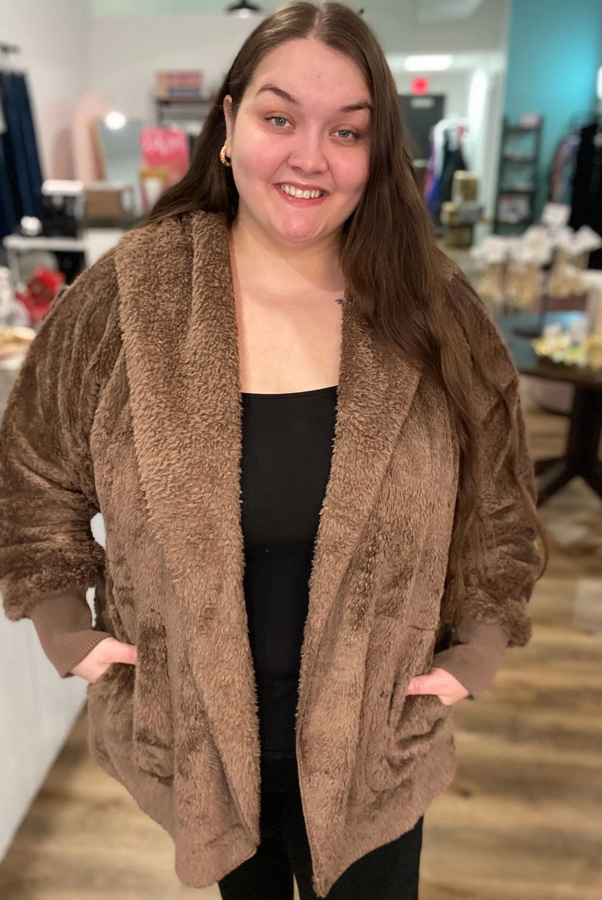 Shop Cozy Hooded Cardigan - Chocolate- at Ruby Joy Boutique, a Women's Clothing Store in Pickerington, Ohio