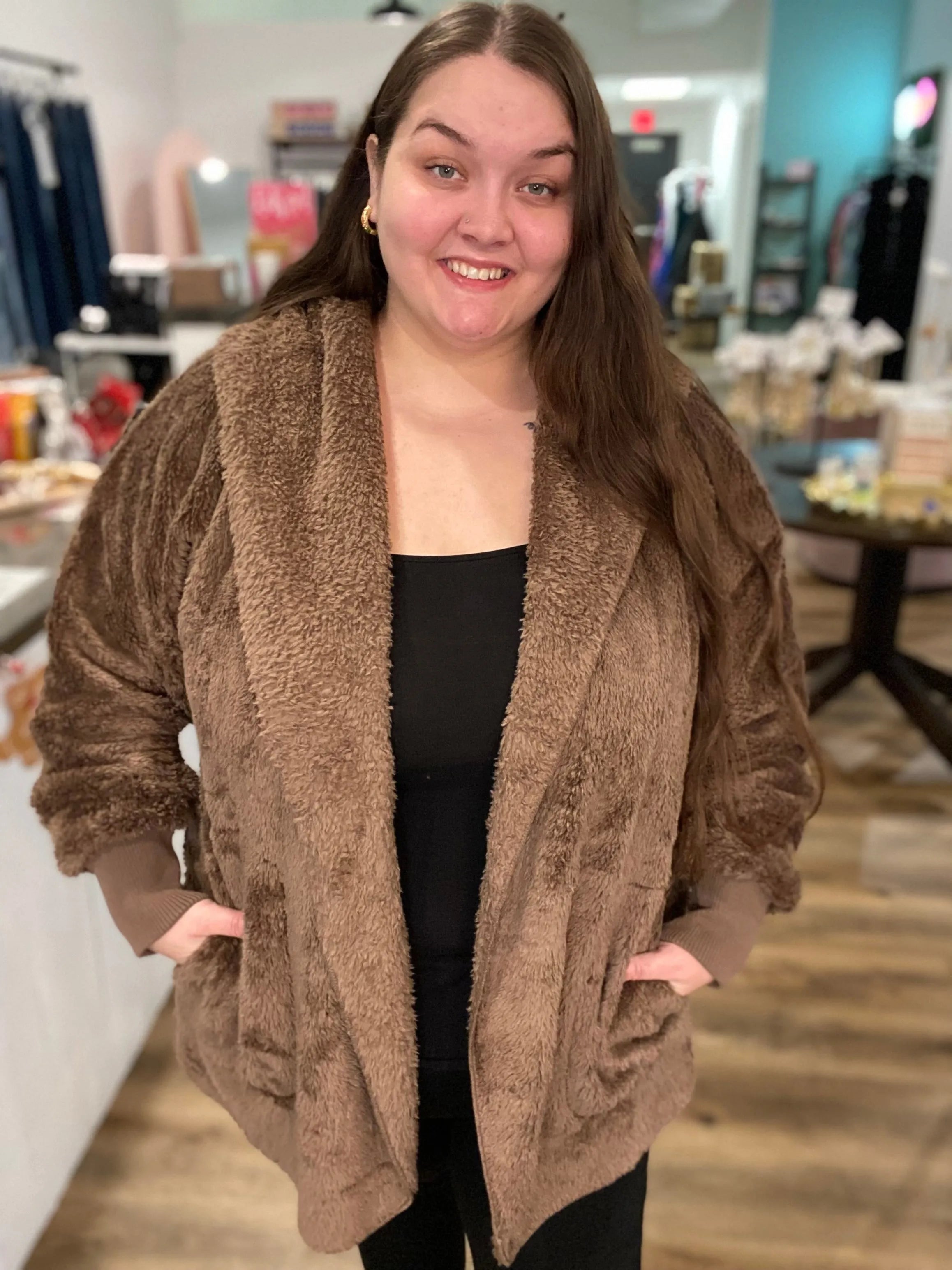 Shop Cozy Hooded Cardigan - Chocolate- at Ruby Joy Boutique, a Women's Clothing Store in Pickerington, Ohio