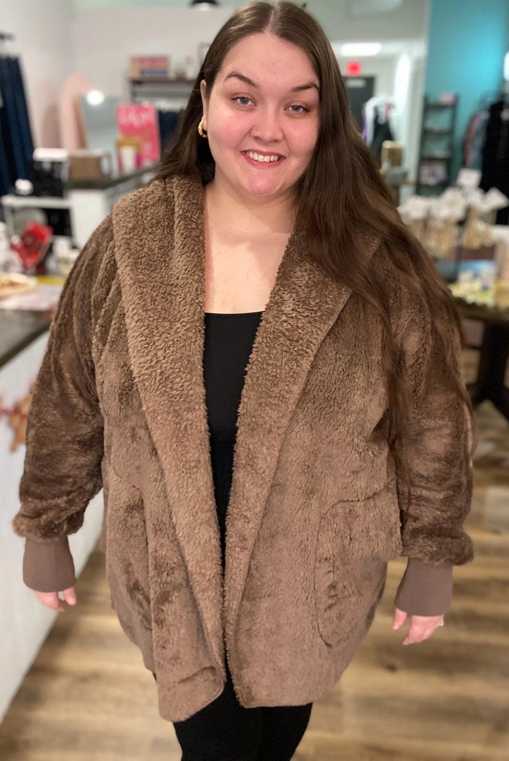 Shop Cozy Hooded Cardigan - Chocolate-L/XL at Ruby Joy Boutique, a Women's Clothing Store in Pickerington, Ohio