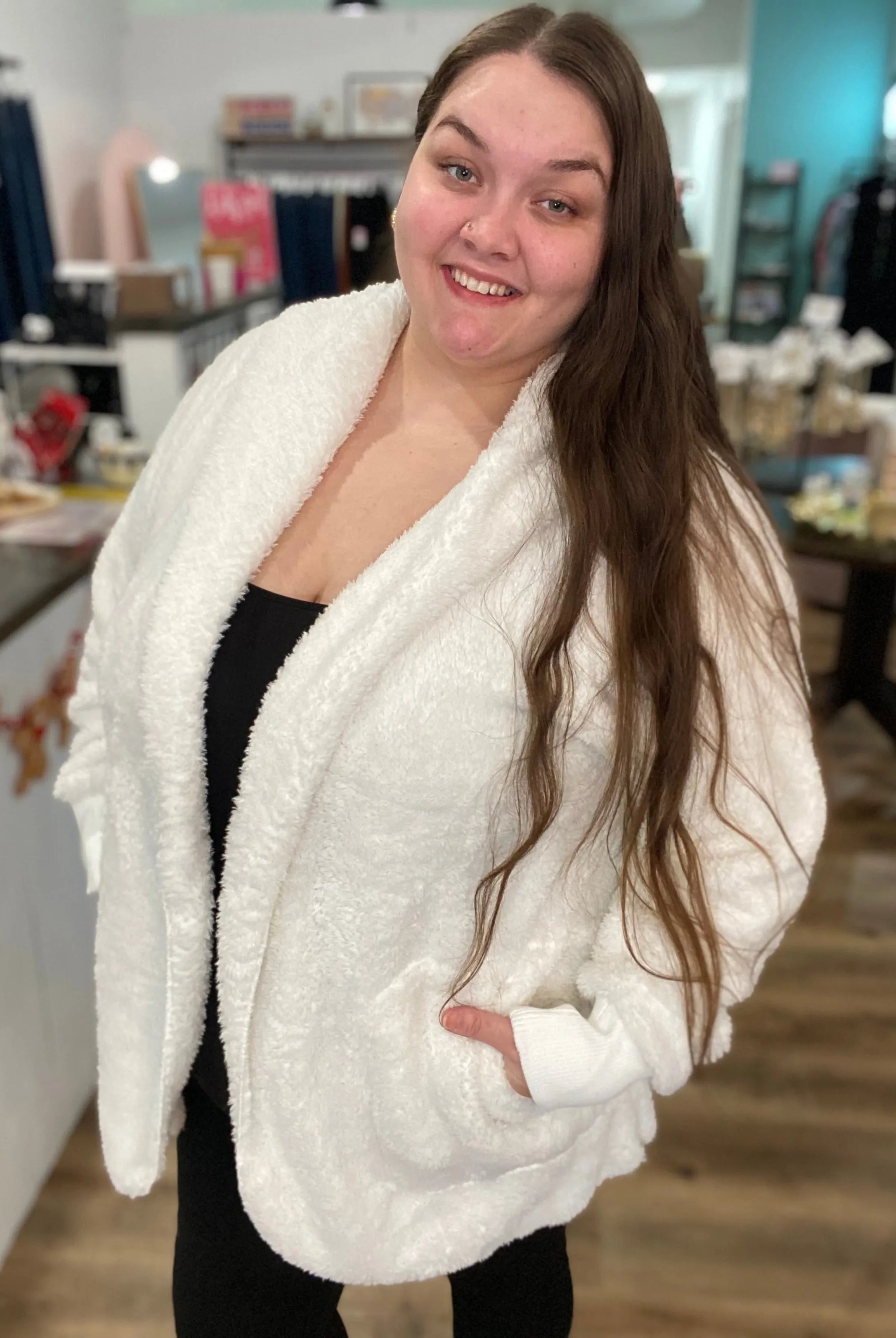 Shop Cozy Hooded Cardigan - White-L/XL at Ruby Joy Boutique, a Women's Clothing Store in Pickerington, Ohio