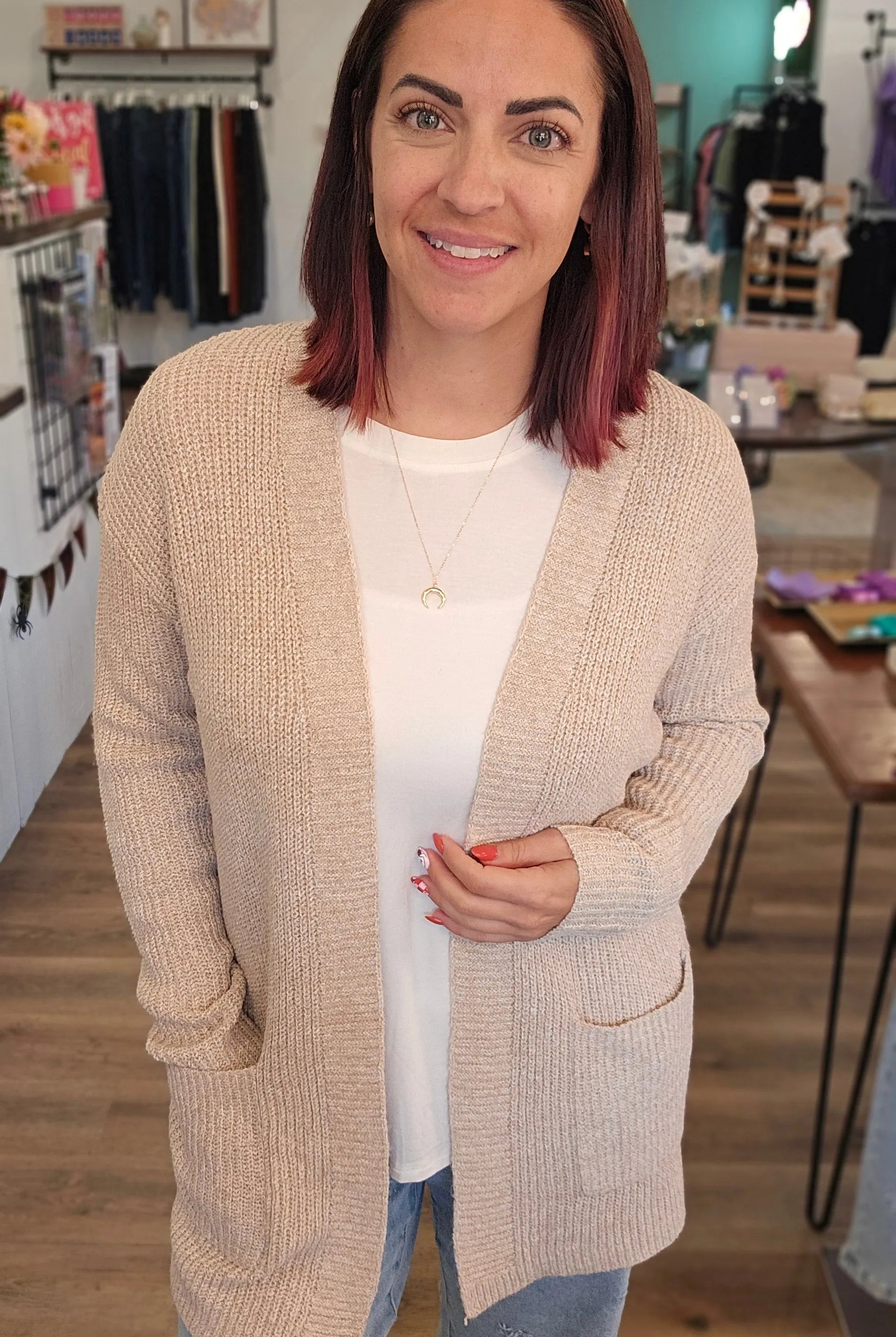 Shop Cozy Open Sweater Cardigan - Oatmeal- at Ruby Joy Boutique, a Women's Clothing Store in Pickerington, Ohio