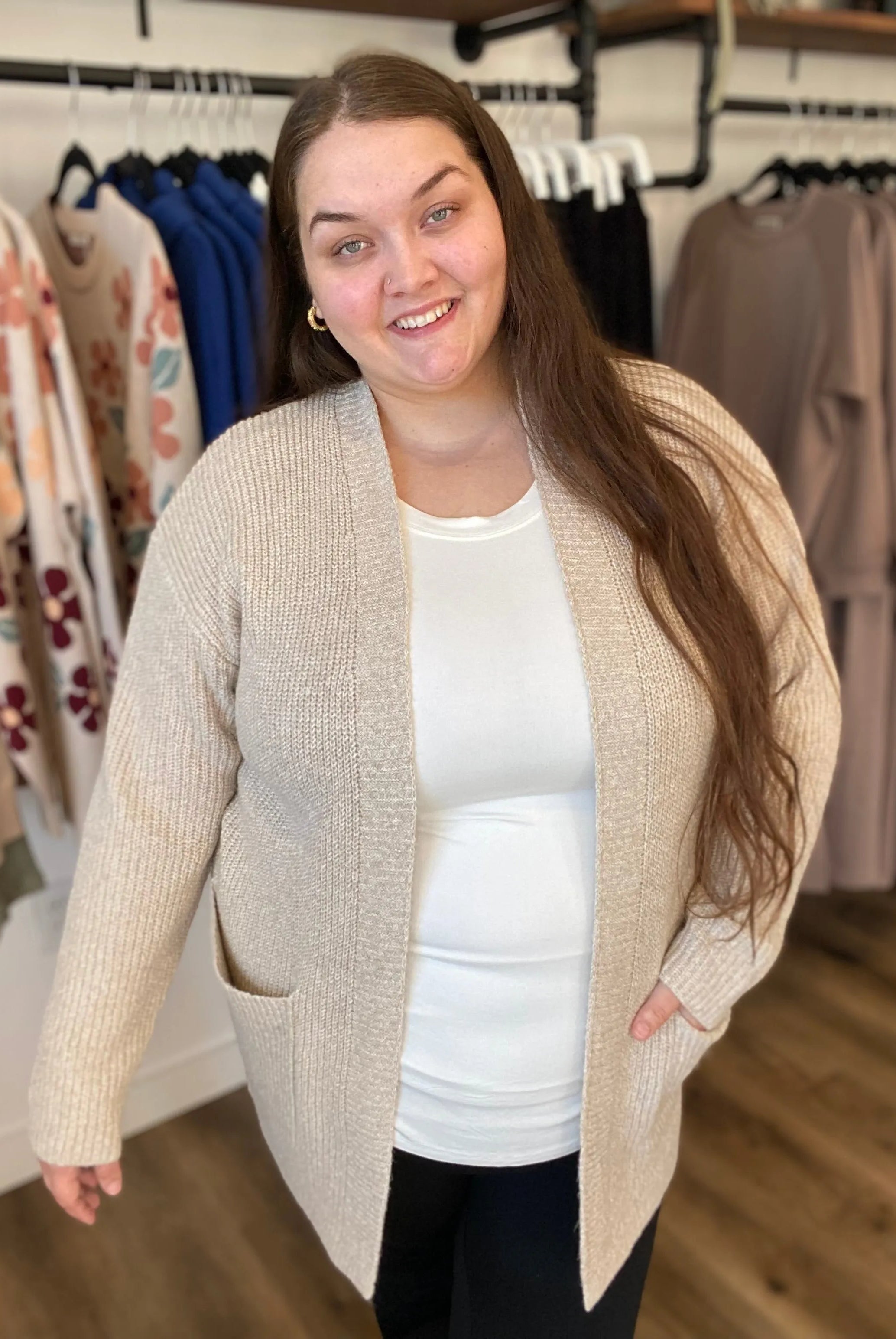 Shop Cozy Open Sweater Cardigan - Oatmeal- at Ruby Joy Boutique, a Women's Clothing Store in Pickerington, Ohio