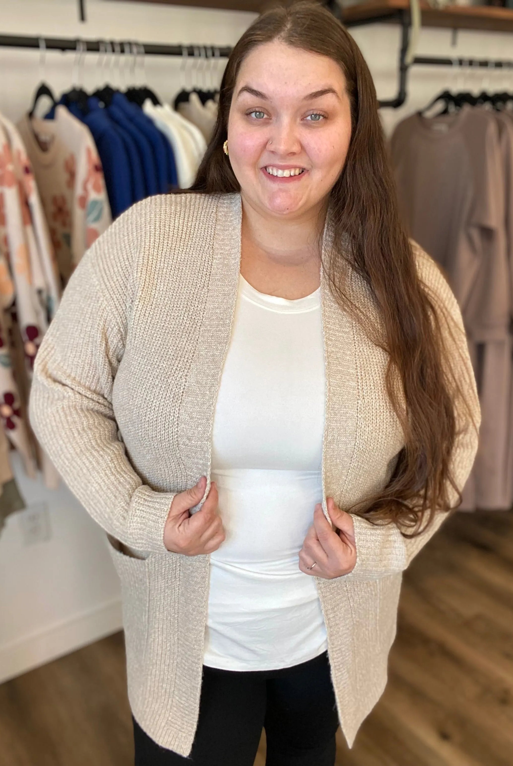 Shop Cozy Open Sweater Cardigan - Oatmeal- at Ruby Joy Boutique, a Women's Clothing Store in Pickerington, Ohio