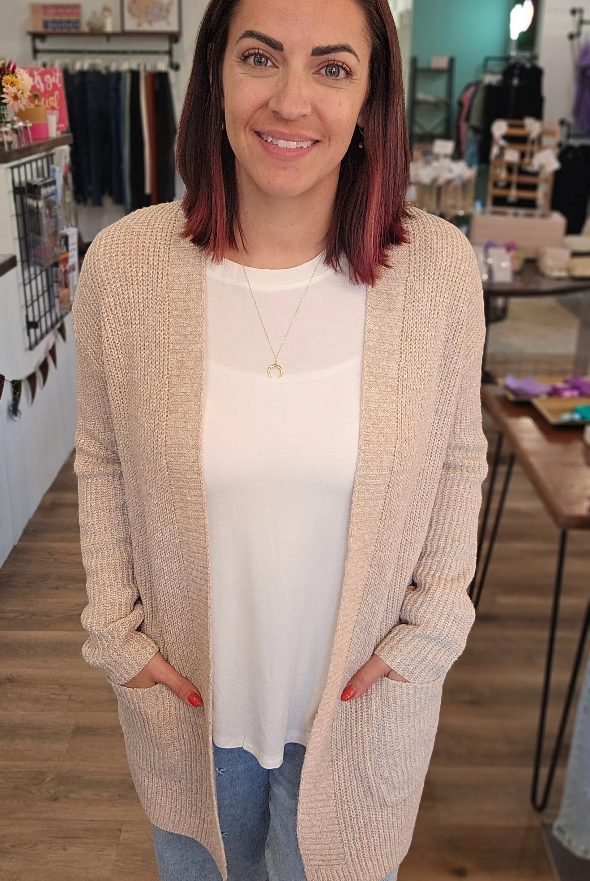 Shop Cozy Open Sweater Cardigan - Oatmeal- at Ruby Joy Boutique, a Women's Clothing Store in Pickerington, Ohio