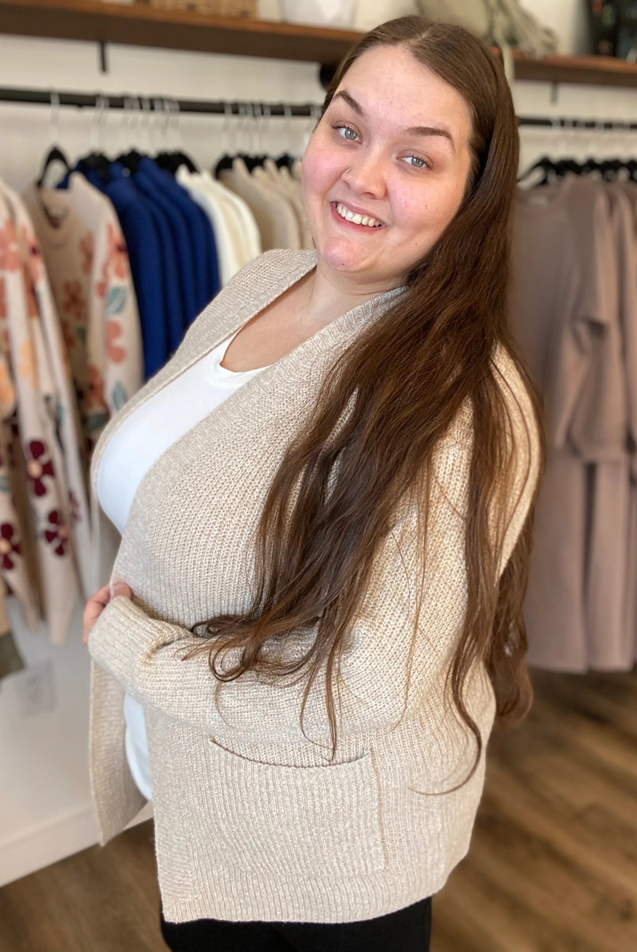 Shop Cozy Open Sweater Cardigan - Oatmeal- at Ruby Joy Boutique, a Women's Clothing Store in Pickerington, Ohio