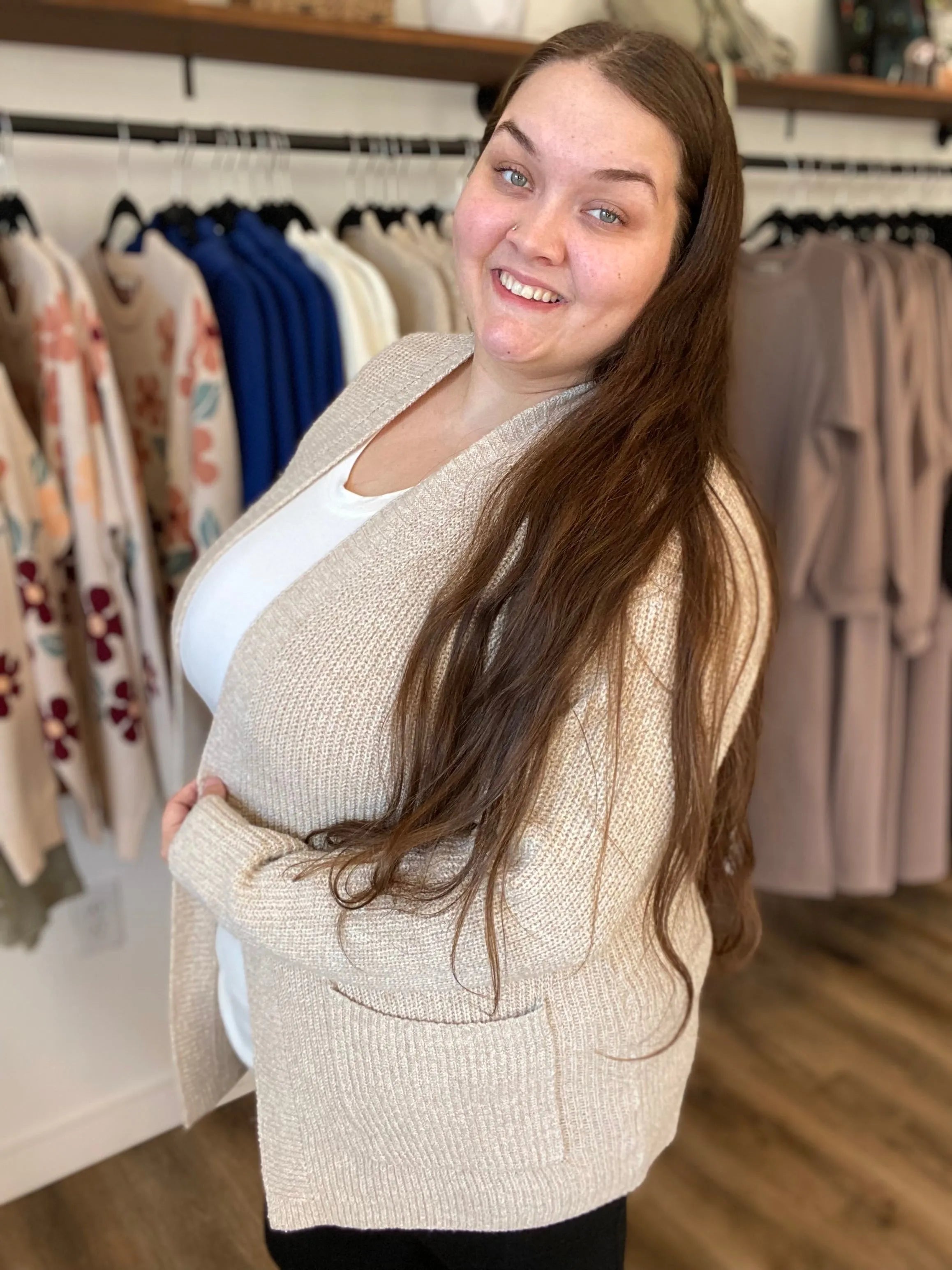 Shop Cozy Open Sweater Cardigan - Oatmeal- at Ruby Joy Boutique, a Women's Clothing Store in Pickerington, Ohio