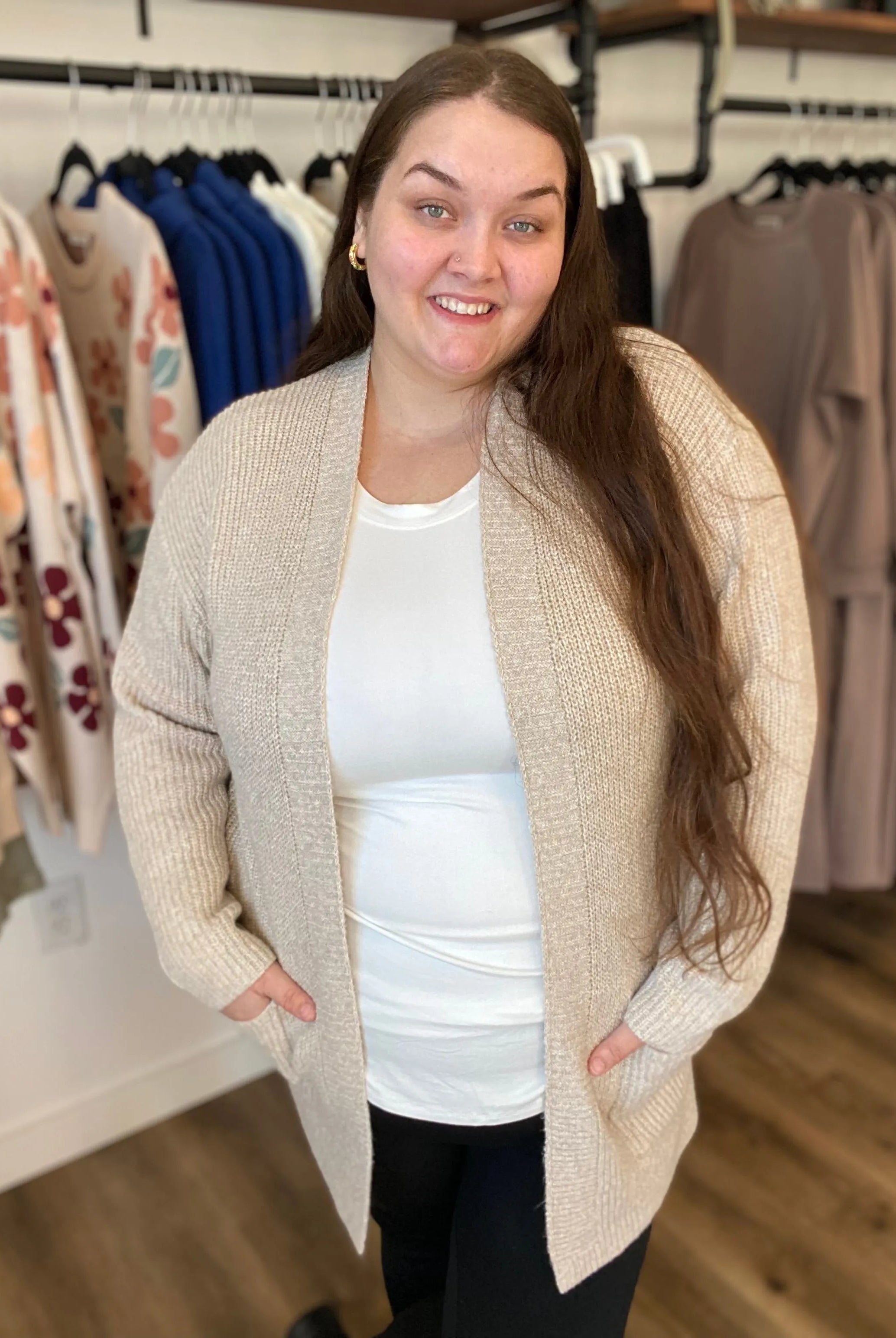 Shop Cozy Open Sweater Cardigan - Oatmeal- at Ruby Joy Boutique, a Women's Clothing Store in Pickerington, Ohio
