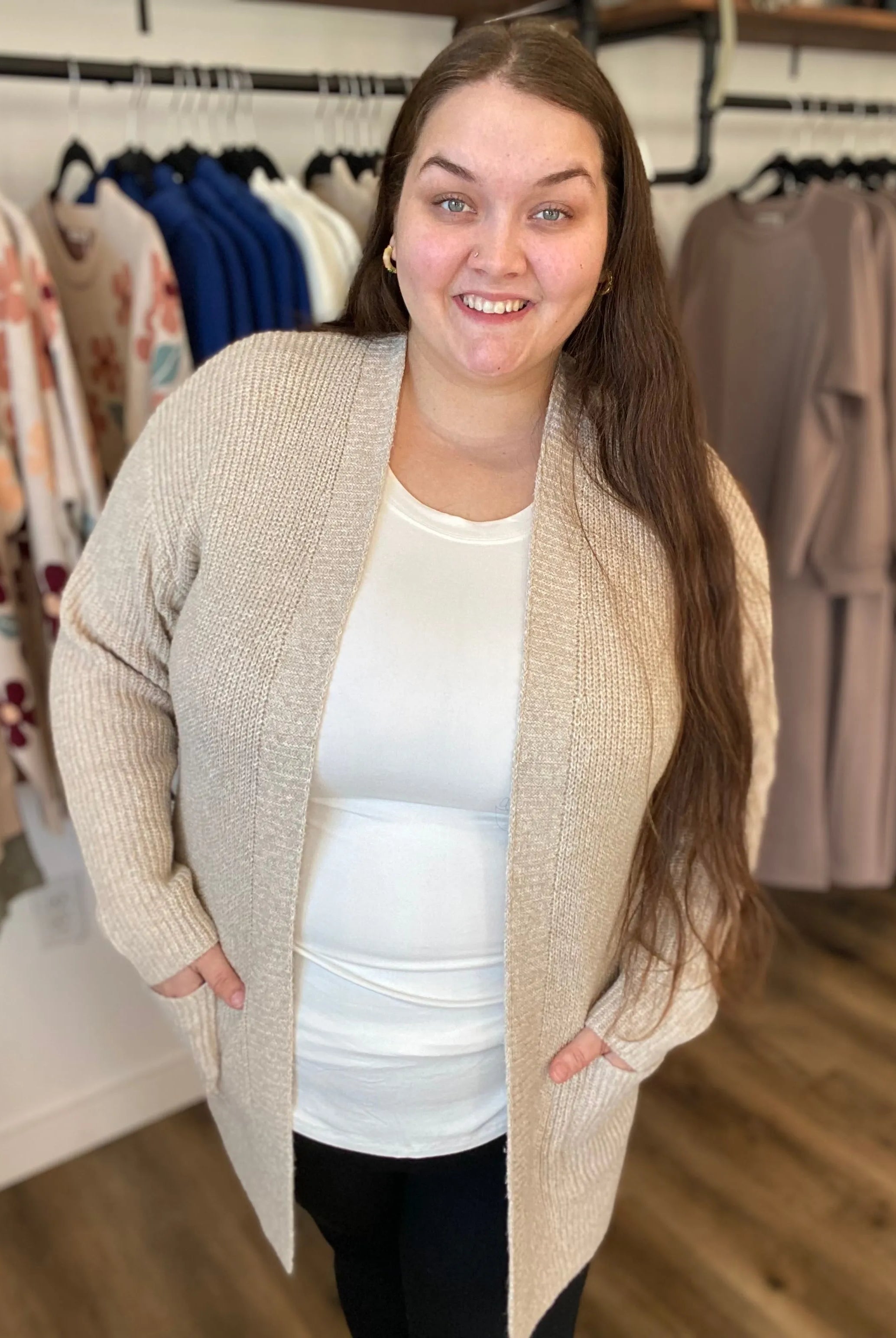 Shop Cozy Open Sweater Cardigan - Oatmeal- at Ruby Joy Boutique, a Women's Clothing Store in Pickerington, Ohio