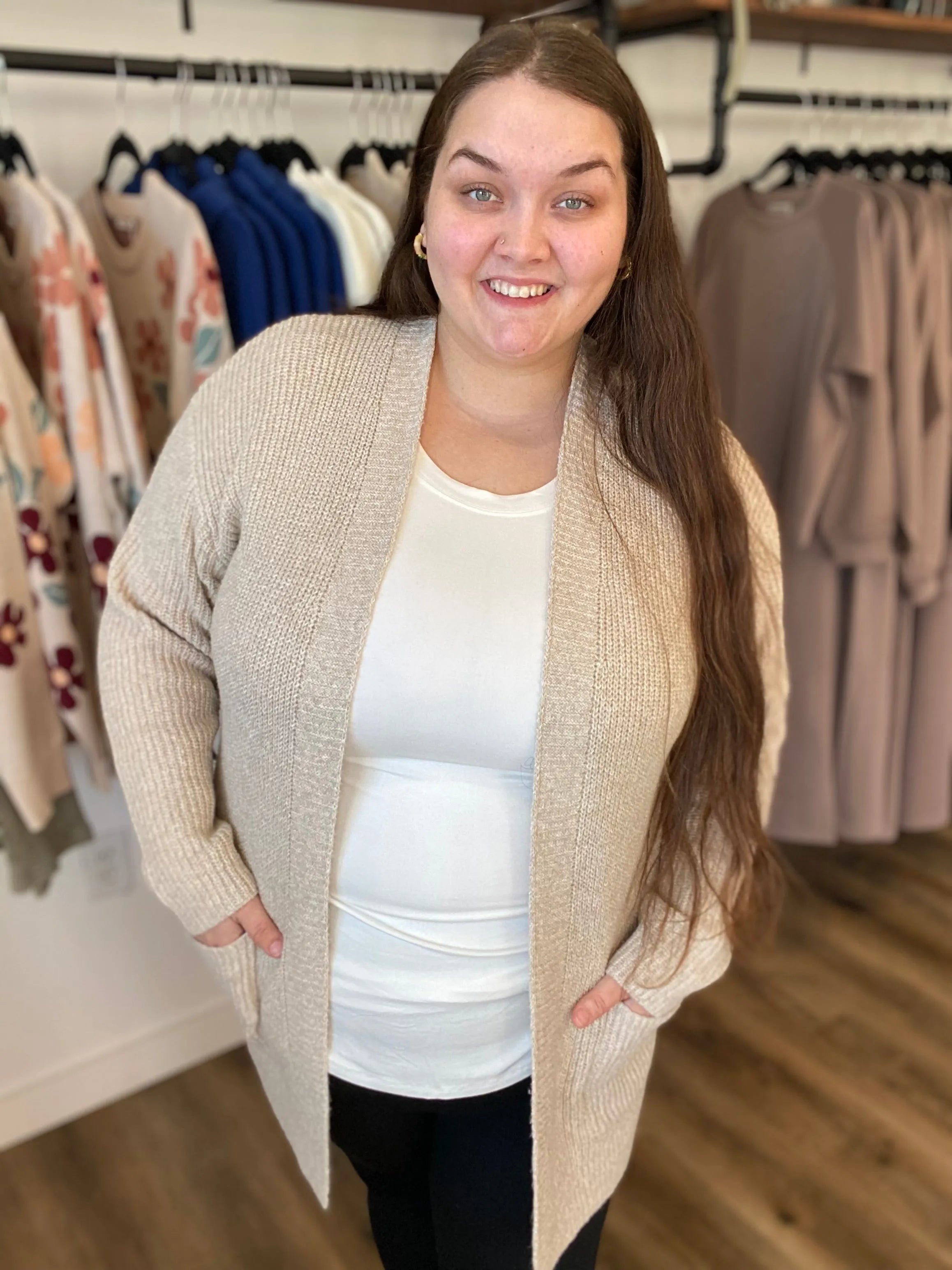Shop Cozy Open Sweater Cardigan - Oatmeal- at Ruby Joy Boutique, a Women's Clothing Store in Pickerington, Ohio