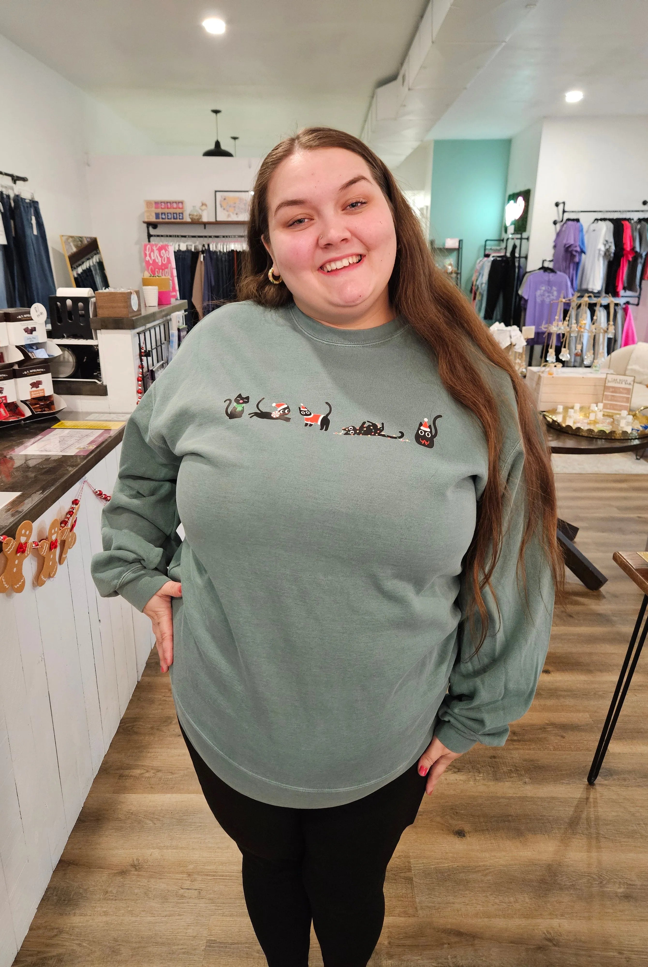 Shop Crazy Christmas Kitties Graphic Top- at Ruby Joy Boutique, a Women's Clothing Store in Pickerington, Ohio