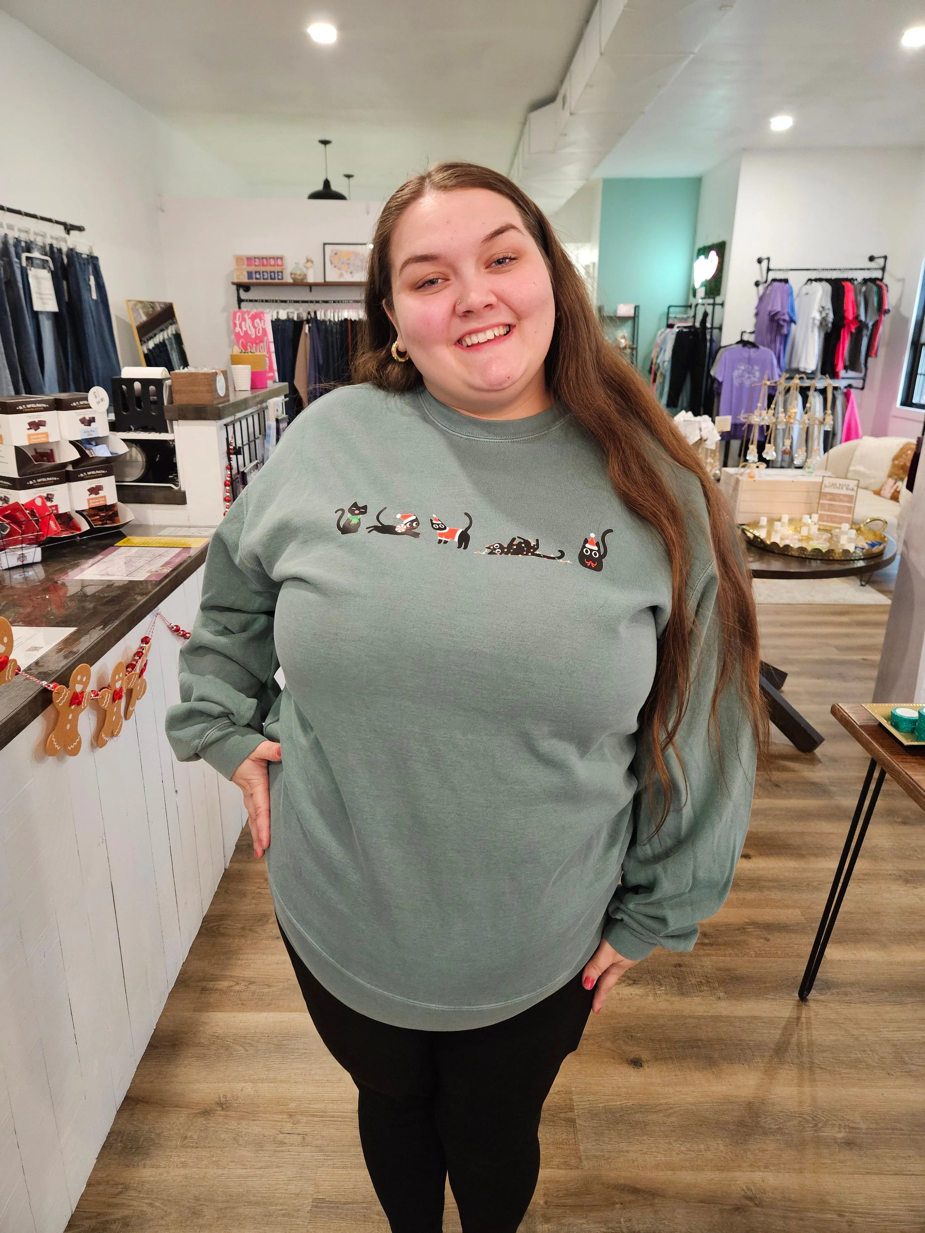 Shop Crazy Christmas Kitties Graphic Top- at Ruby Joy Boutique, a Women's Clothing Store in Pickerington, Ohio