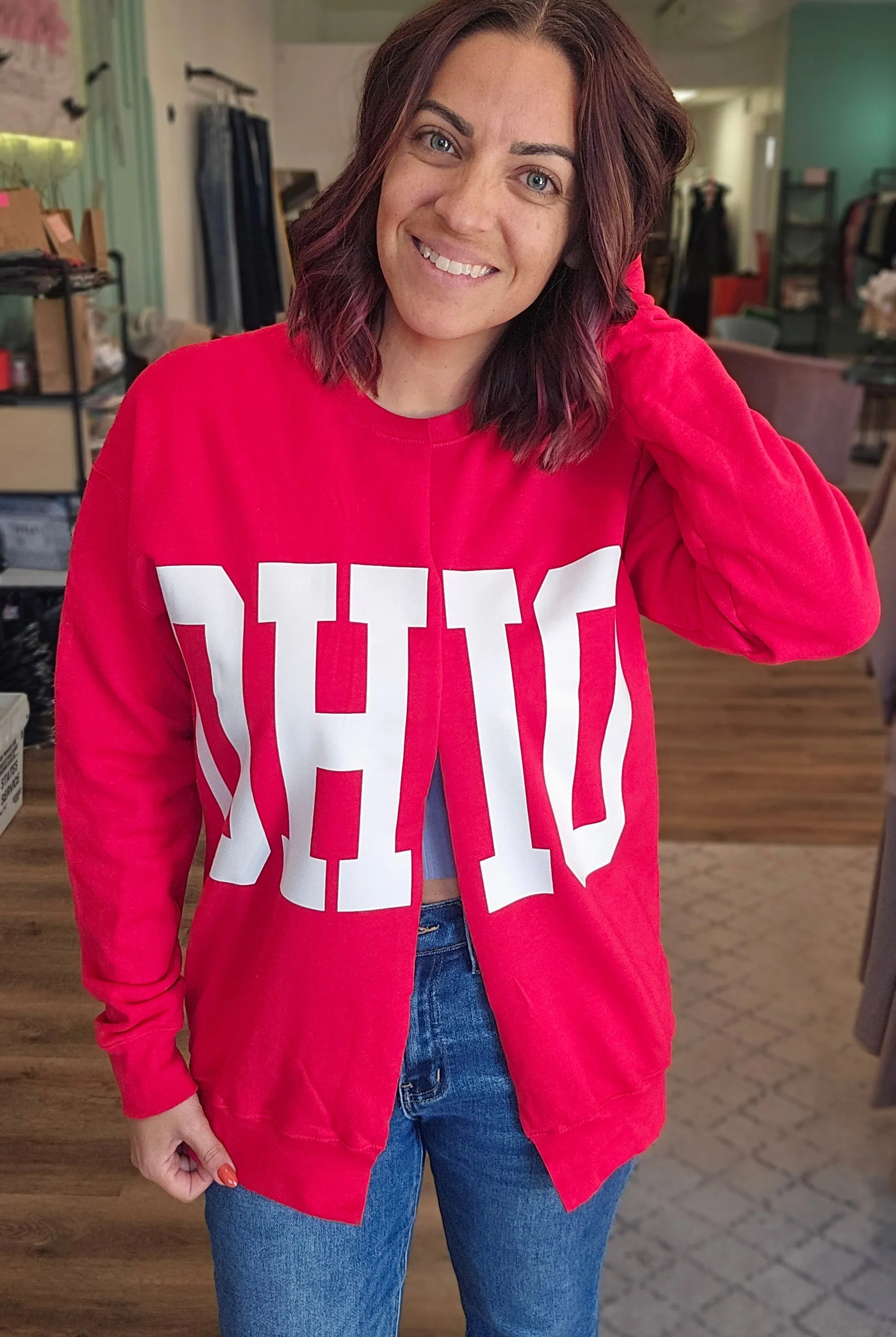 Shop Custom Cut Sweatshirt Cardigans- at Ruby Joy Boutique, a Women's Clothing Store in Pickerington, Ohio