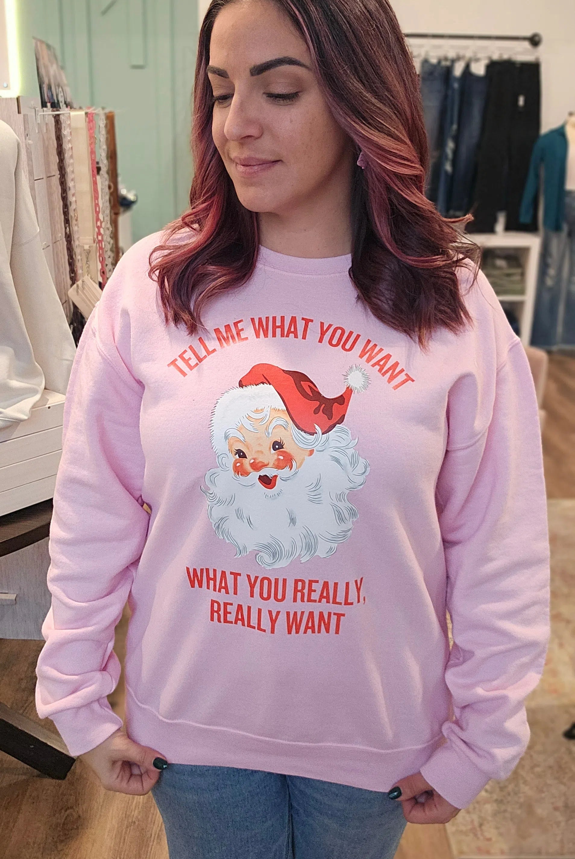 Shop Vintage Santa: Tell Me What You Want Sweatshirt-Graphic Tee at Ruby Joy Boutique, a Women's Clothing Store in Pickerington, Ohio