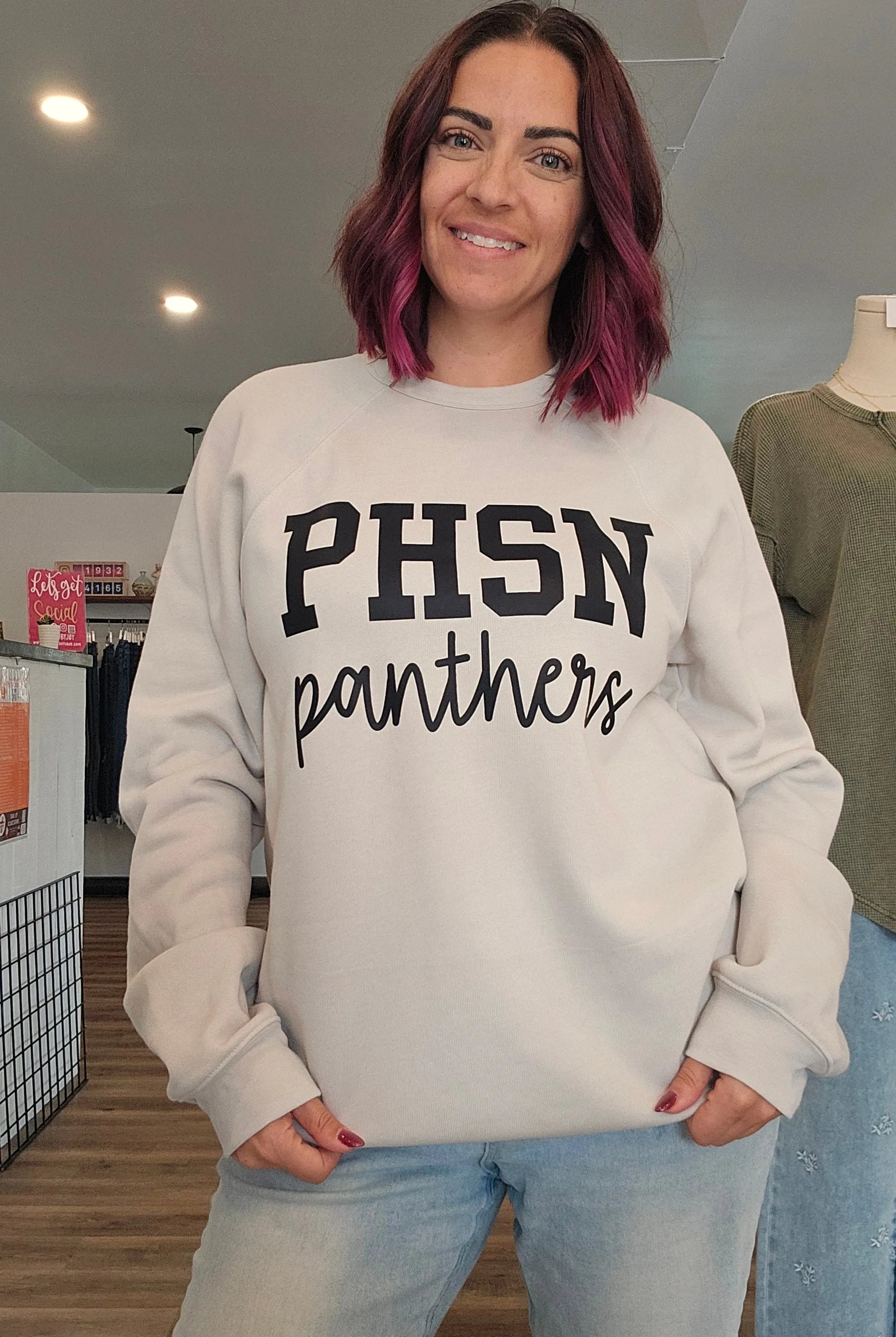 Shop Custom Mascot Script Sweatshirt- at Ruby Joy Boutique, a Women's Clothing Store in Pickerington, Ohio