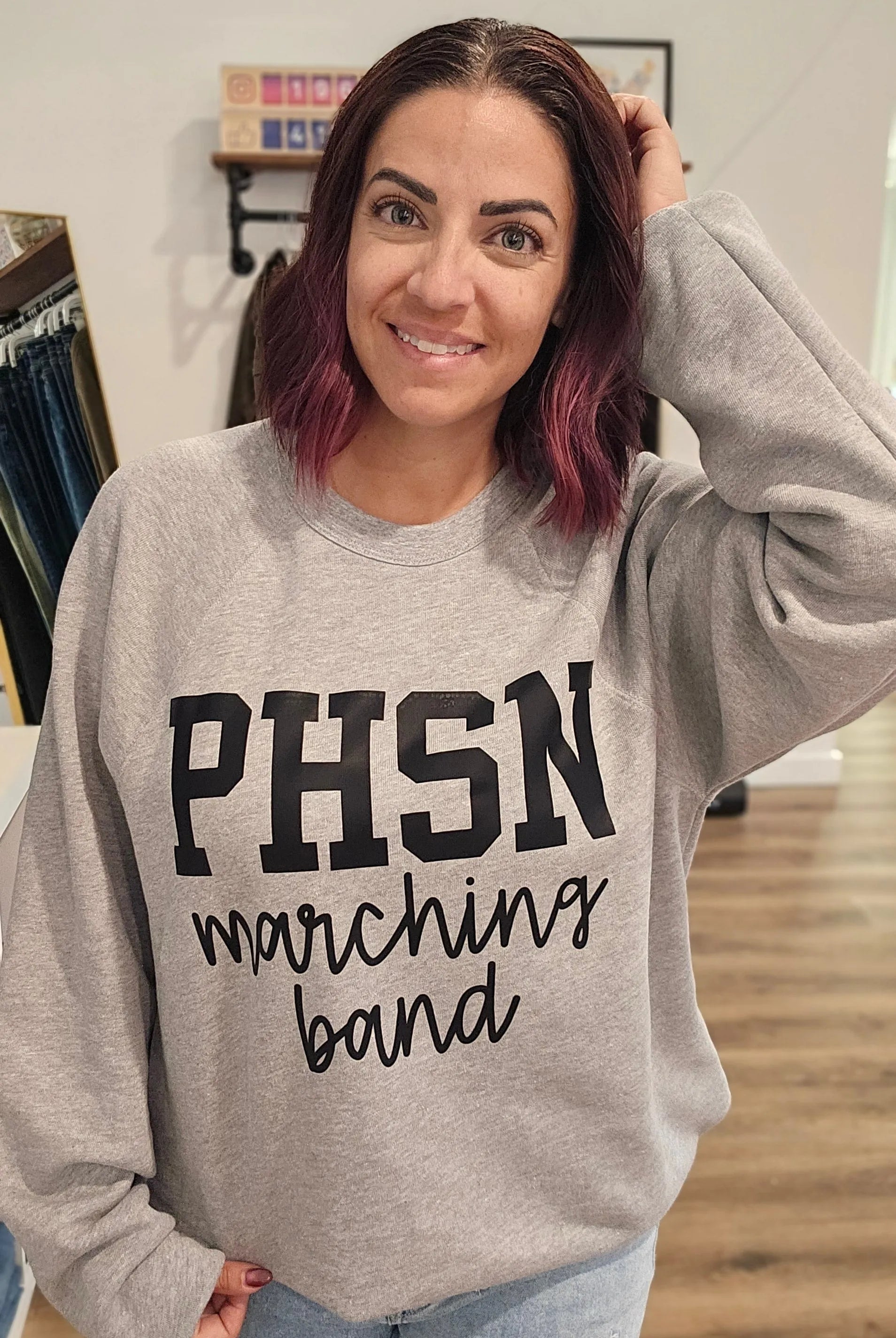 Shop Custom Mascot Script Sweatshirt- at Ruby Joy Boutique, a Women's Clothing Store in Pickerington, Ohio
