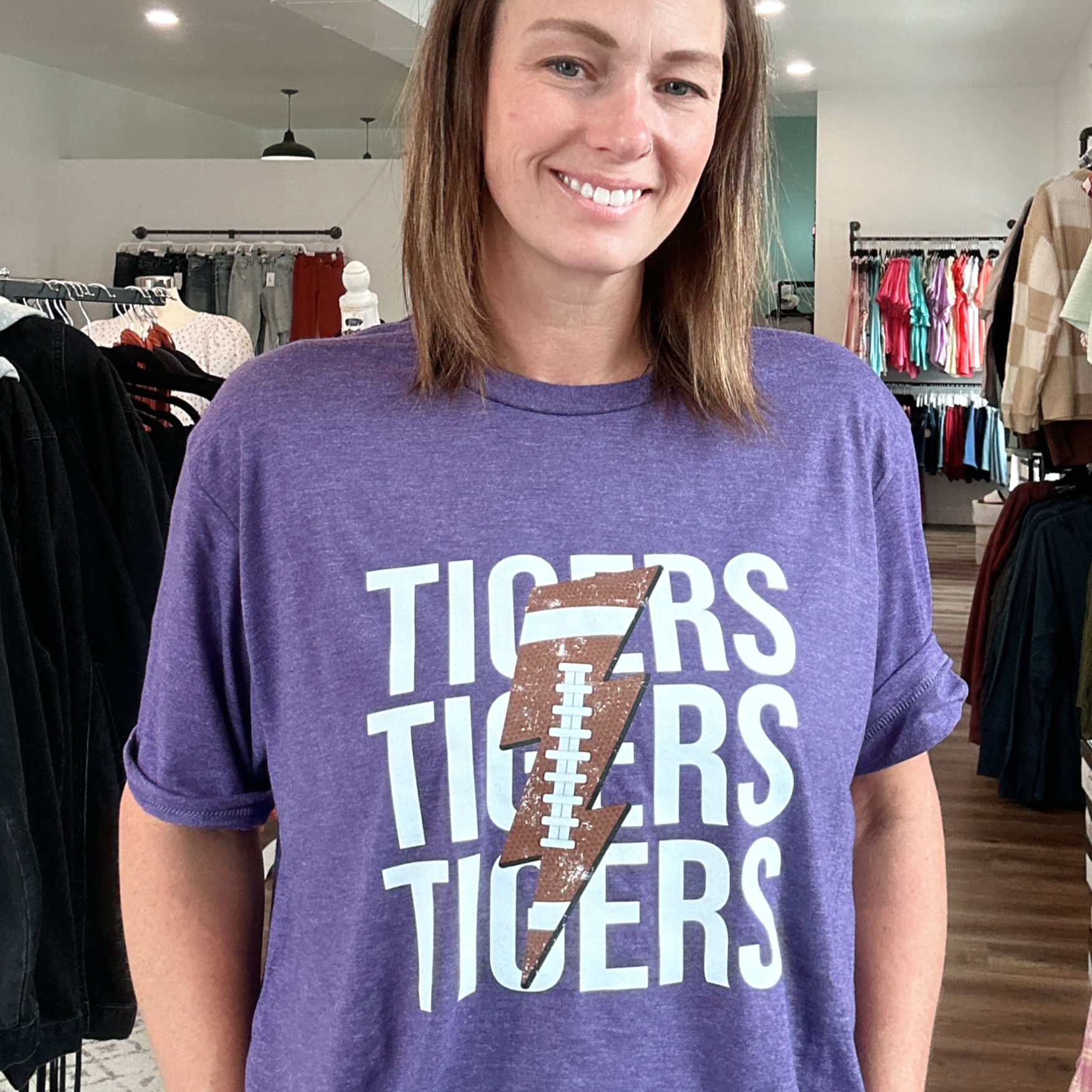 Shop Pickerington Football Lightning Tee - Panthers or Tigers-Graphic Tee at Ruby Joy Boutique, a Women's Clothing Store in Pickerington, Ohio