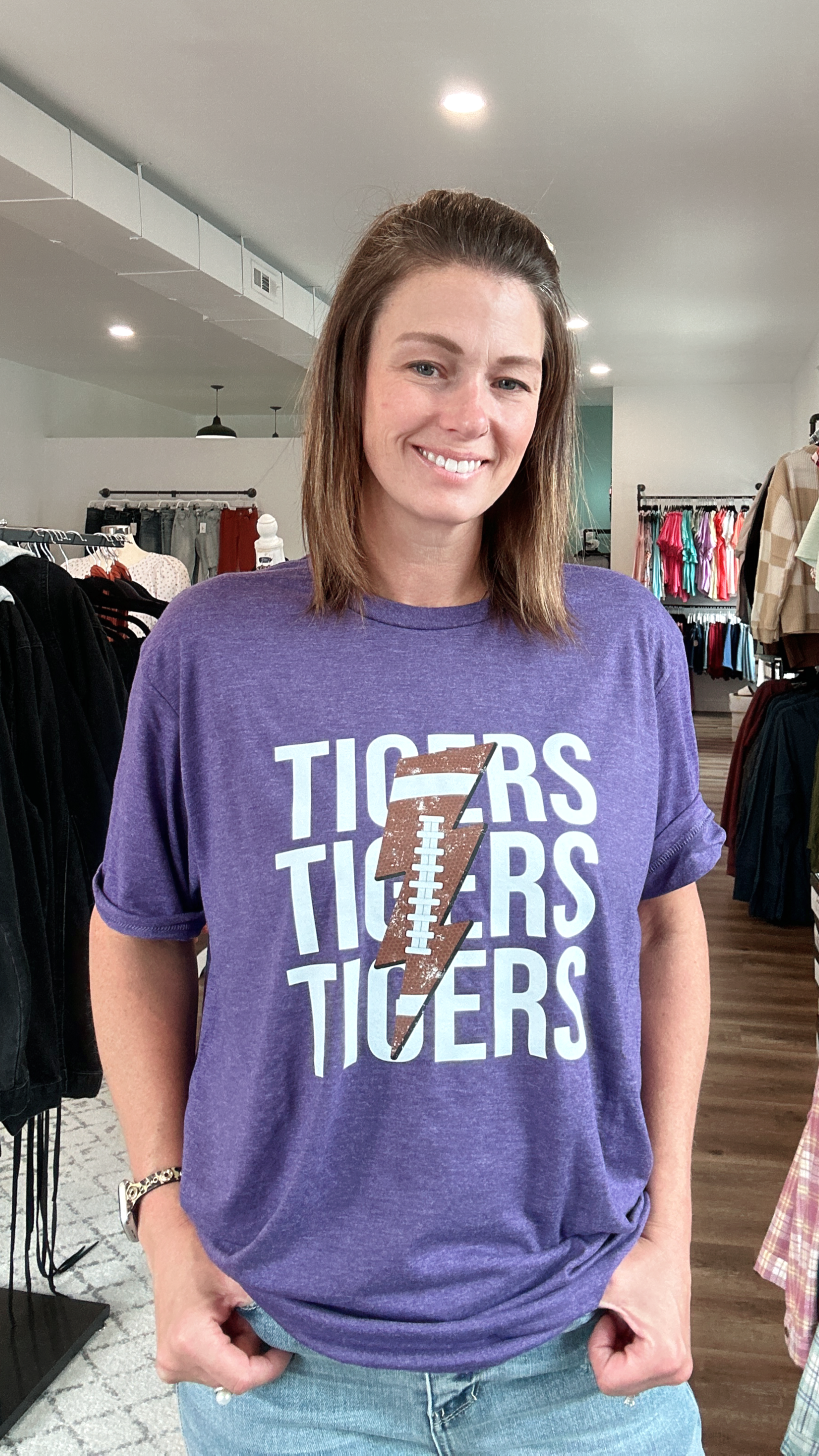 Shop Pickerington Football Lightning Tee - Panthers or Tigers-Graphic Tee at Ruby Joy Boutique, a Women's Clothing Store in Pickerington, Ohio