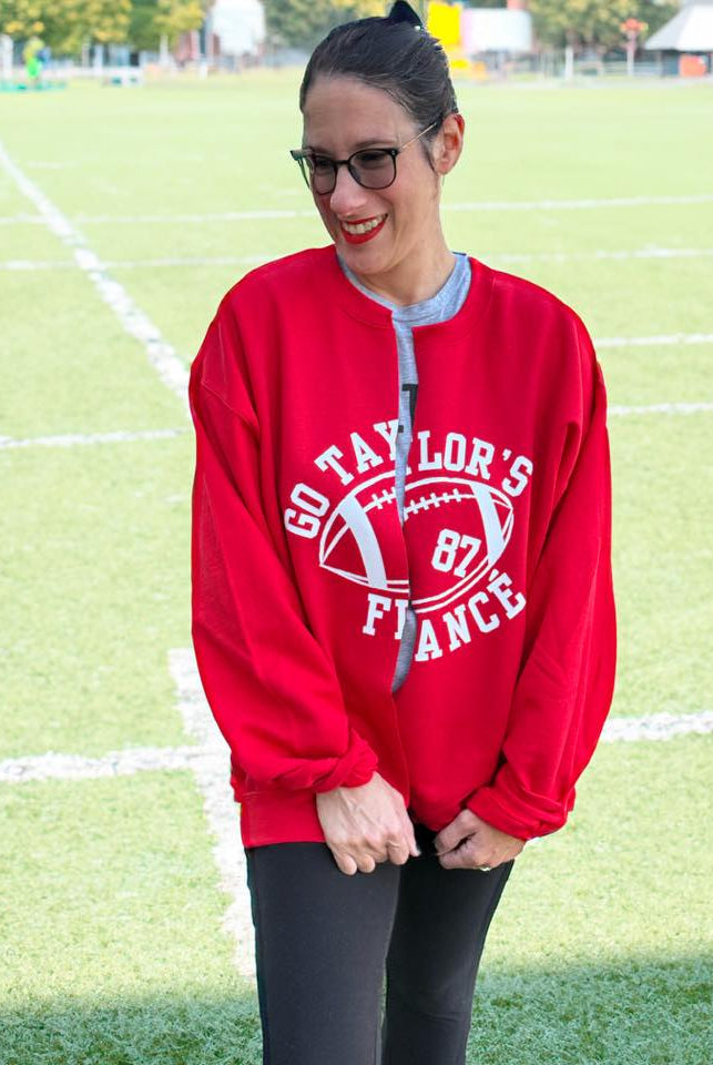 Shop Cut Sweatshirt Cardigan Go Taylor’s Fiance- at Ruby Joy Boutique, a Women's Clothing Store in Pickerington, Ohio