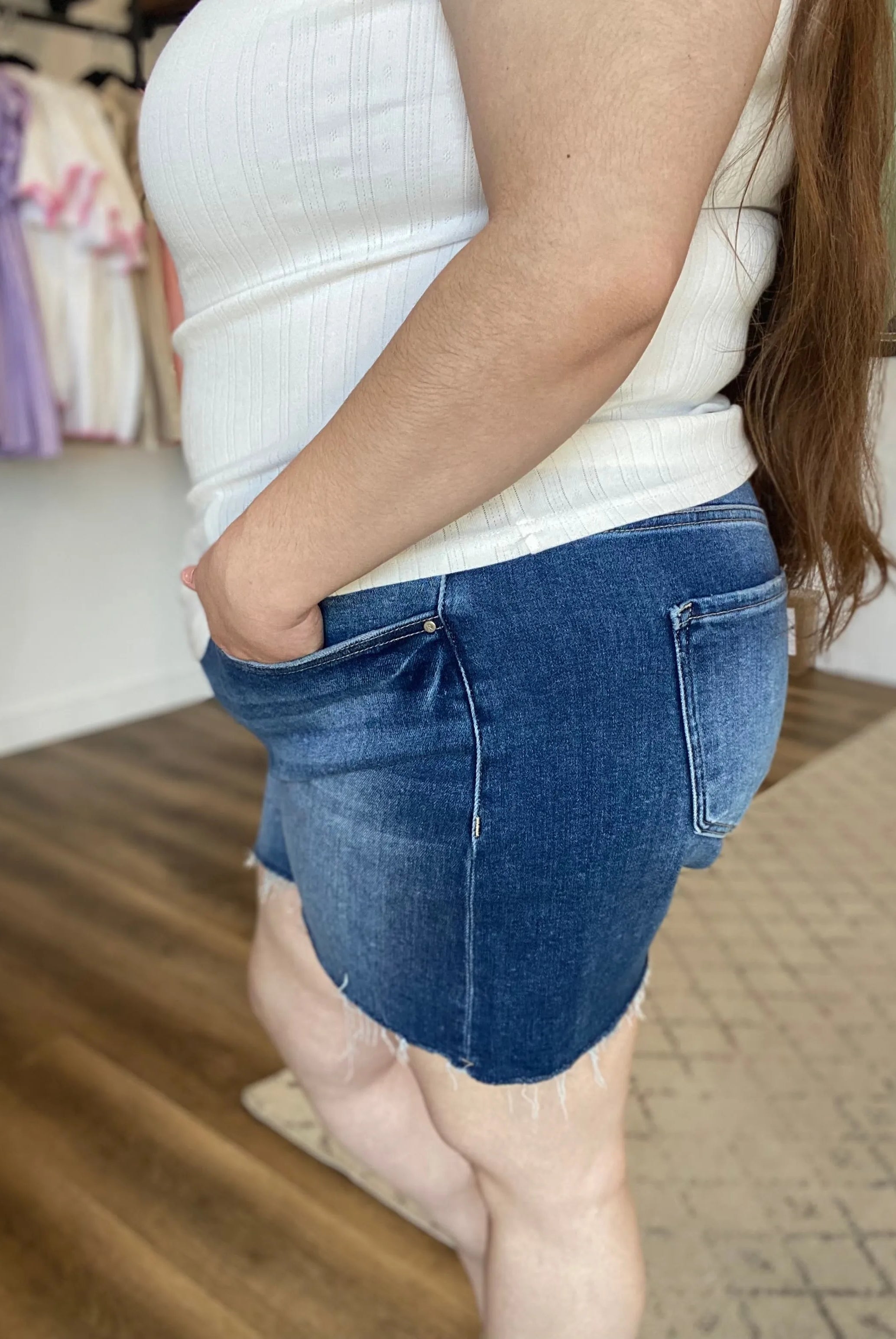 Shop Dark Wash Mid Rise Shorts - Tummy Control- at Ruby Joy Boutique, a Women's Clothing Store in Pickerington, Ohio