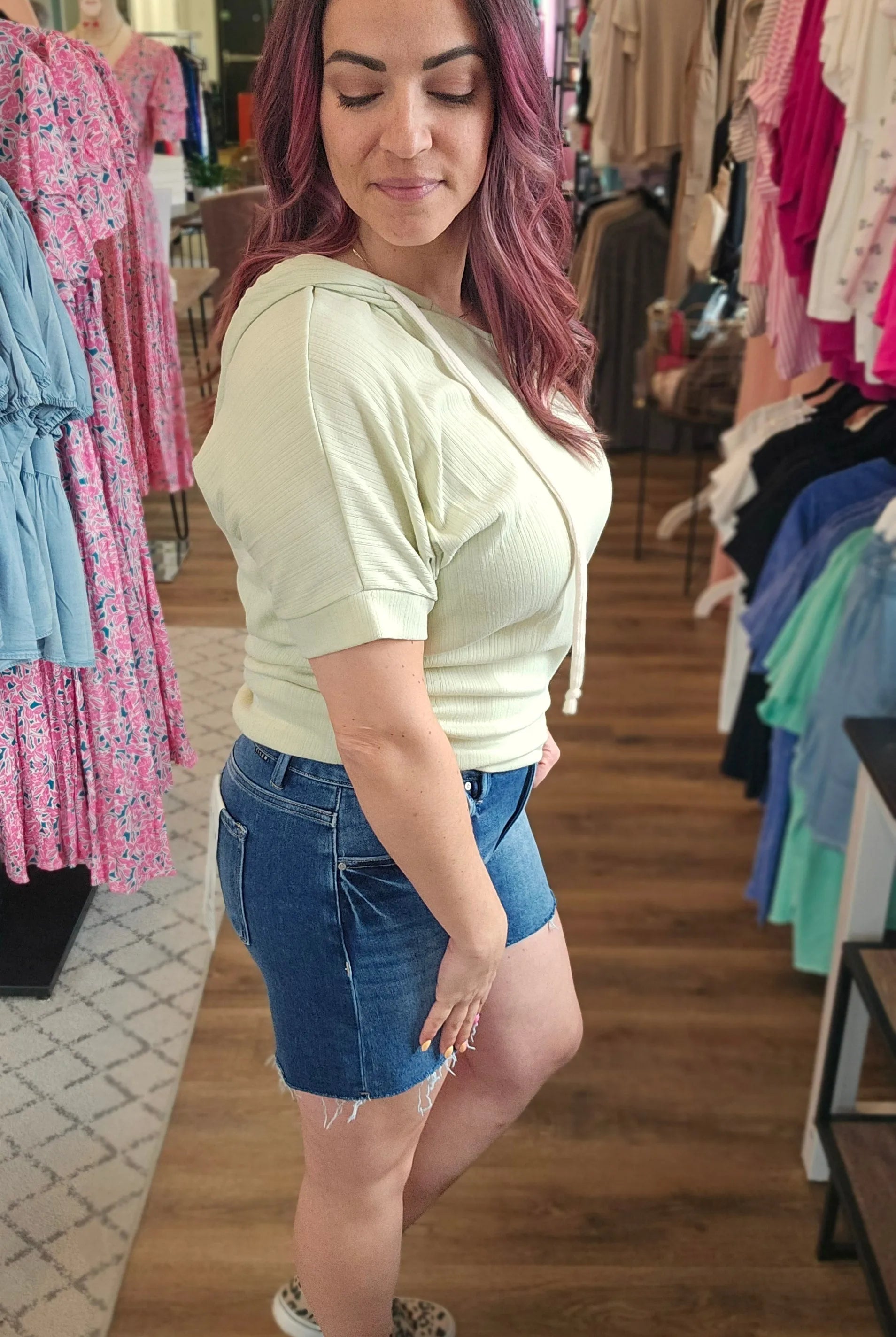 Shop Dark Wash Mid Rise Shorts - Tummy Control- at Ruby Joy Boutique, a Women's Clothing Store in Pickerington, Ohio