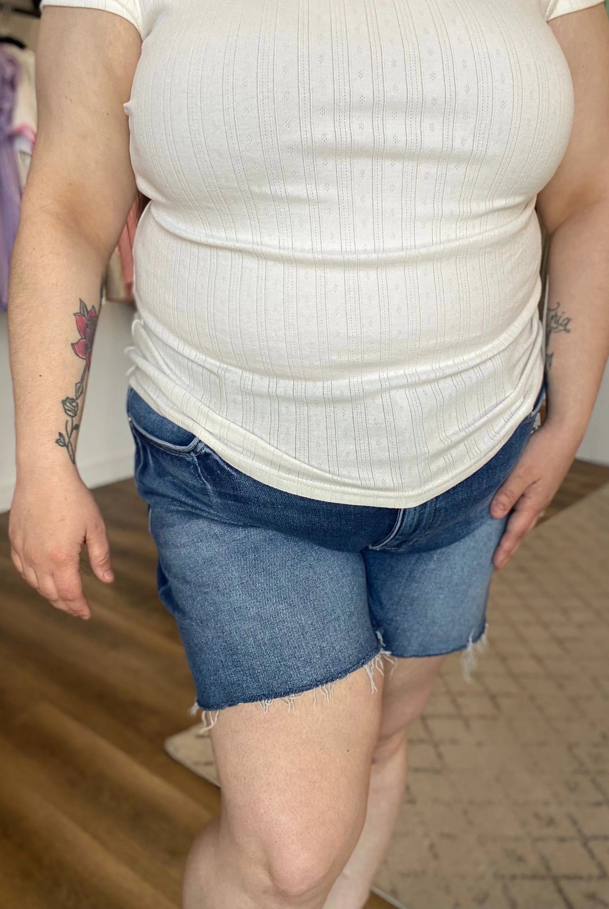 Shop Dark Wash Mid Rise Shorts - Tummy Control-XL at Ruby Joy Boutique, a Women's Clothing Store in Pickerington, Ohio