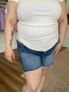 Shop Dark Wash Mid Rise Shorts - Tummy Control-XL at Ruby Joy Boutique, a Women's Clothing Store in Pickerington, Ohio
