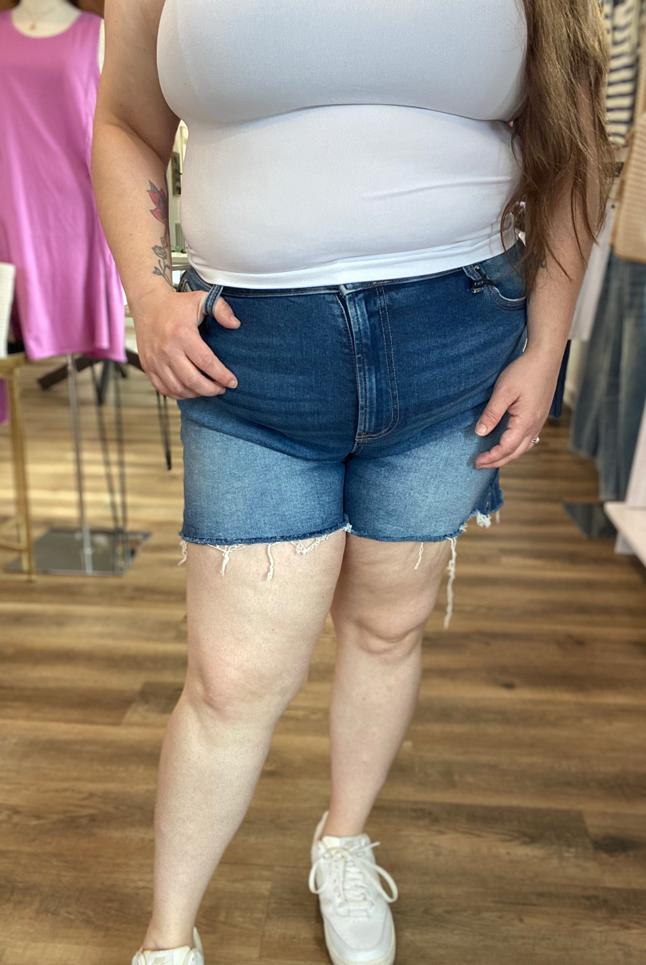 Shop Distressed Hem Denim Shorts | Zenana- at Ruby Joy Boutique, a Women's Clothing Store in Pickerington, Ohio