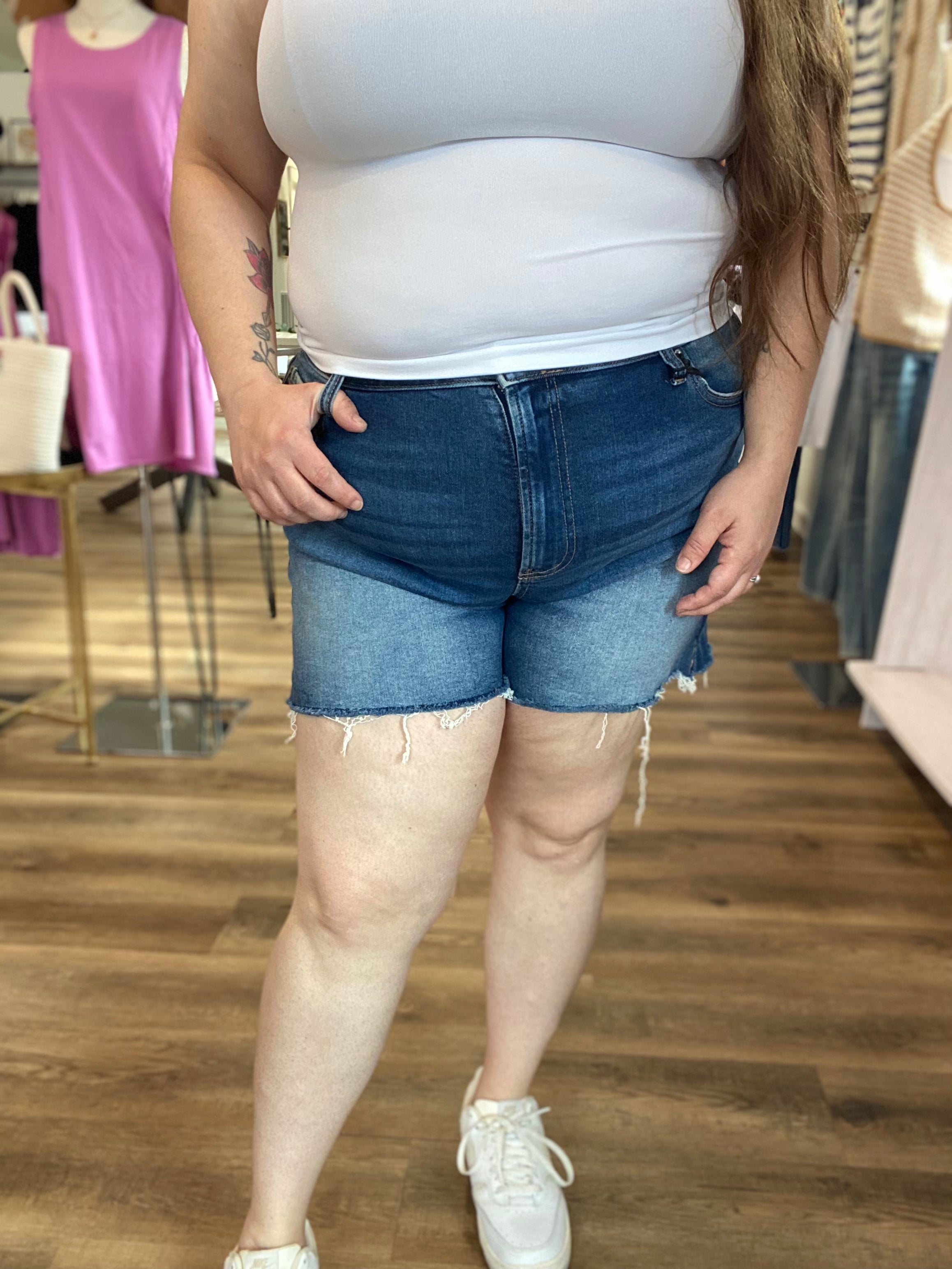 Shop Distressed Hem Denim Shorts | Zenana- at Ruby Joy Boutique, a Women's Clothing Store in Pickerington, Ohio