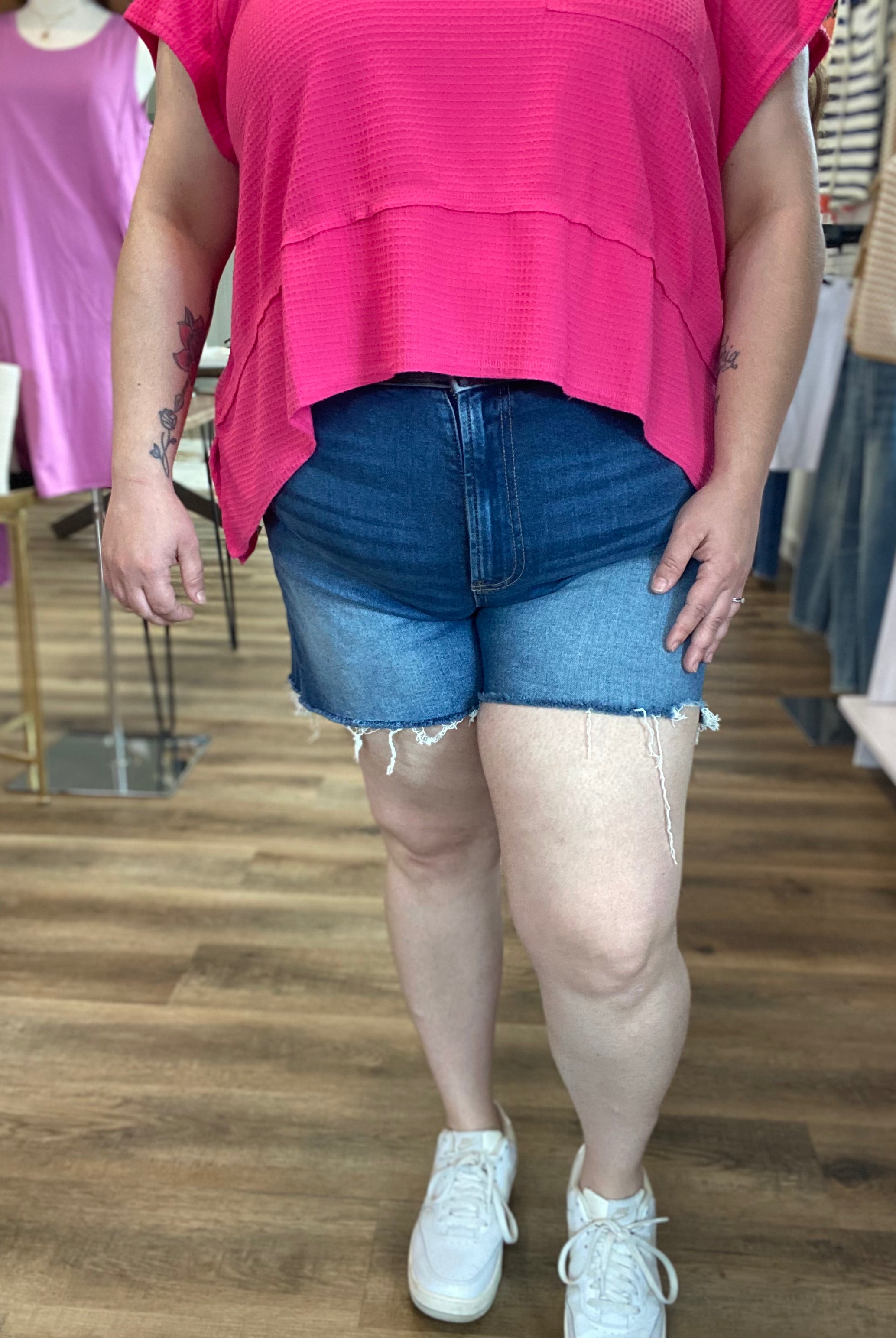 Shop Distressed Hem Denim Shorts | Zenana- at Ruby Joy Boutique, a Women's Clothing Store in Pickerington, Ohio