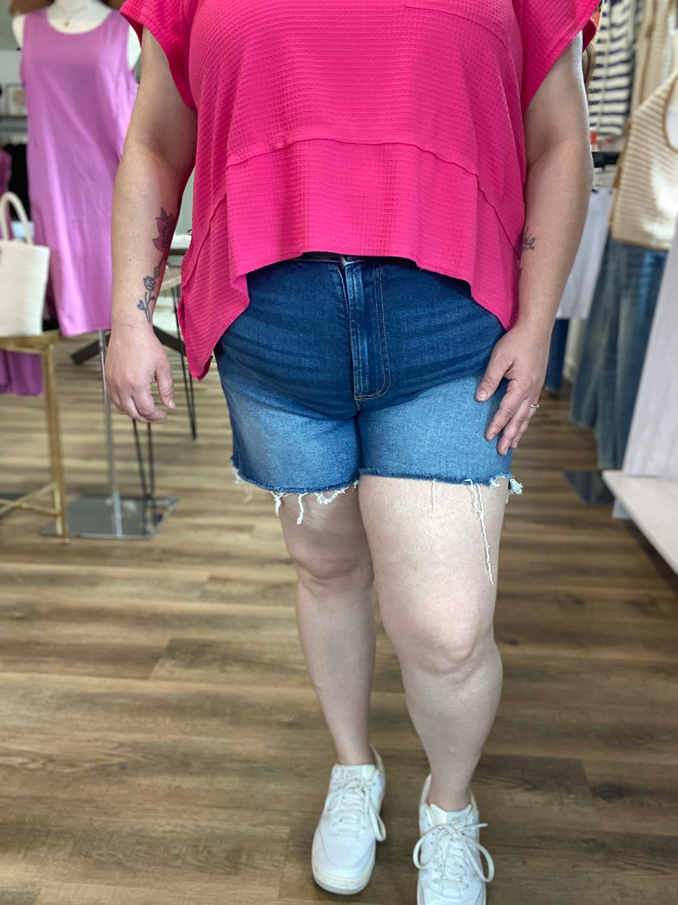 Shop Distressed Hem Denim Shorts | Zenana- at Ruby Joy Boutique, a Women's Clothing Store in Pickerington, Ohio
