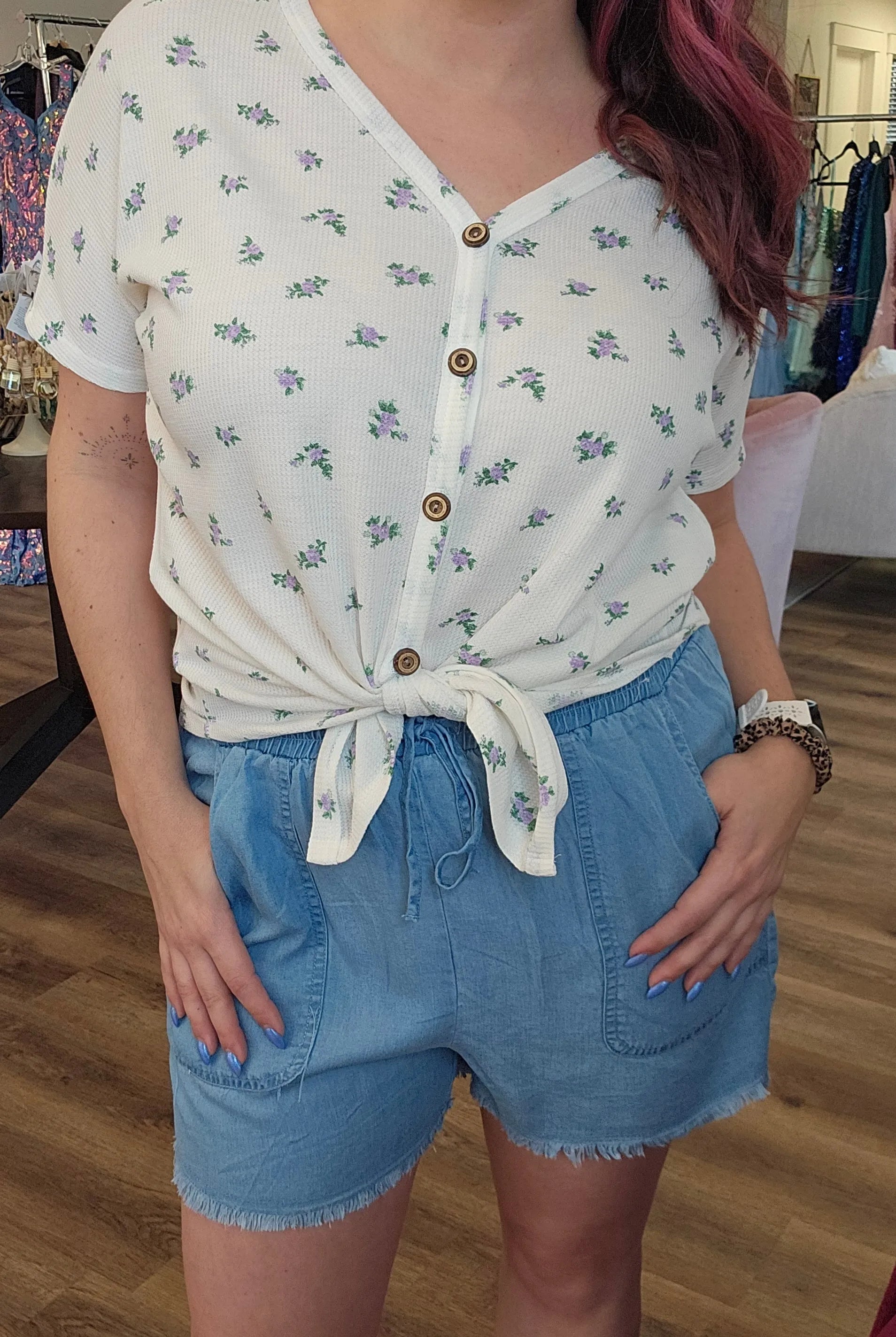 Shop Distressed Hem Patch Pocket Shorts- at Ruby Joy Boutique, a Women's Clothing Store in Pickerington, Ohio