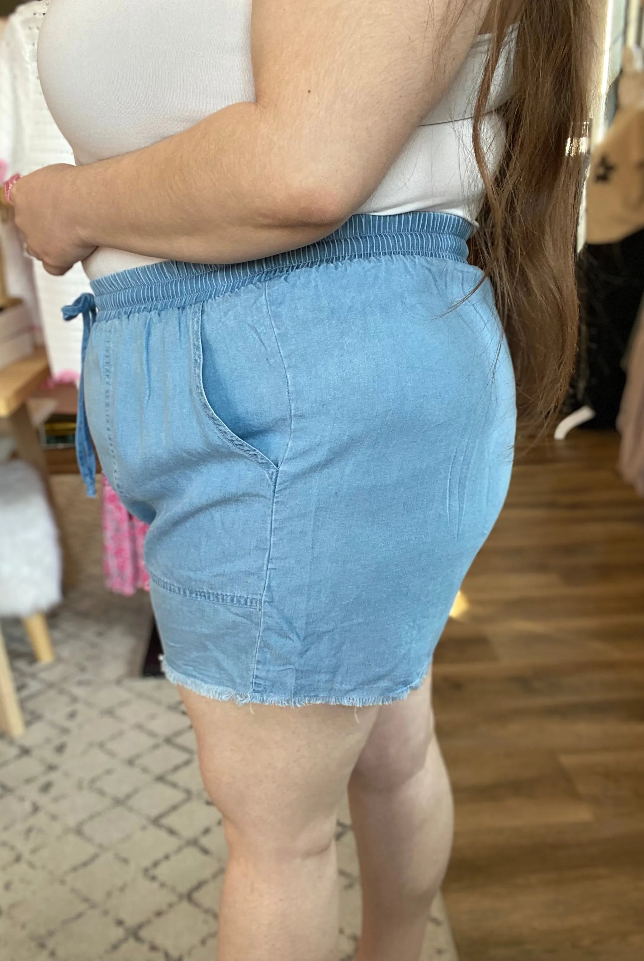 Shop Distressed Hem Patch Pocket Shorts- at Ruby Joy Boutique, a Women's Clothing Store in Pickerington, Ohio