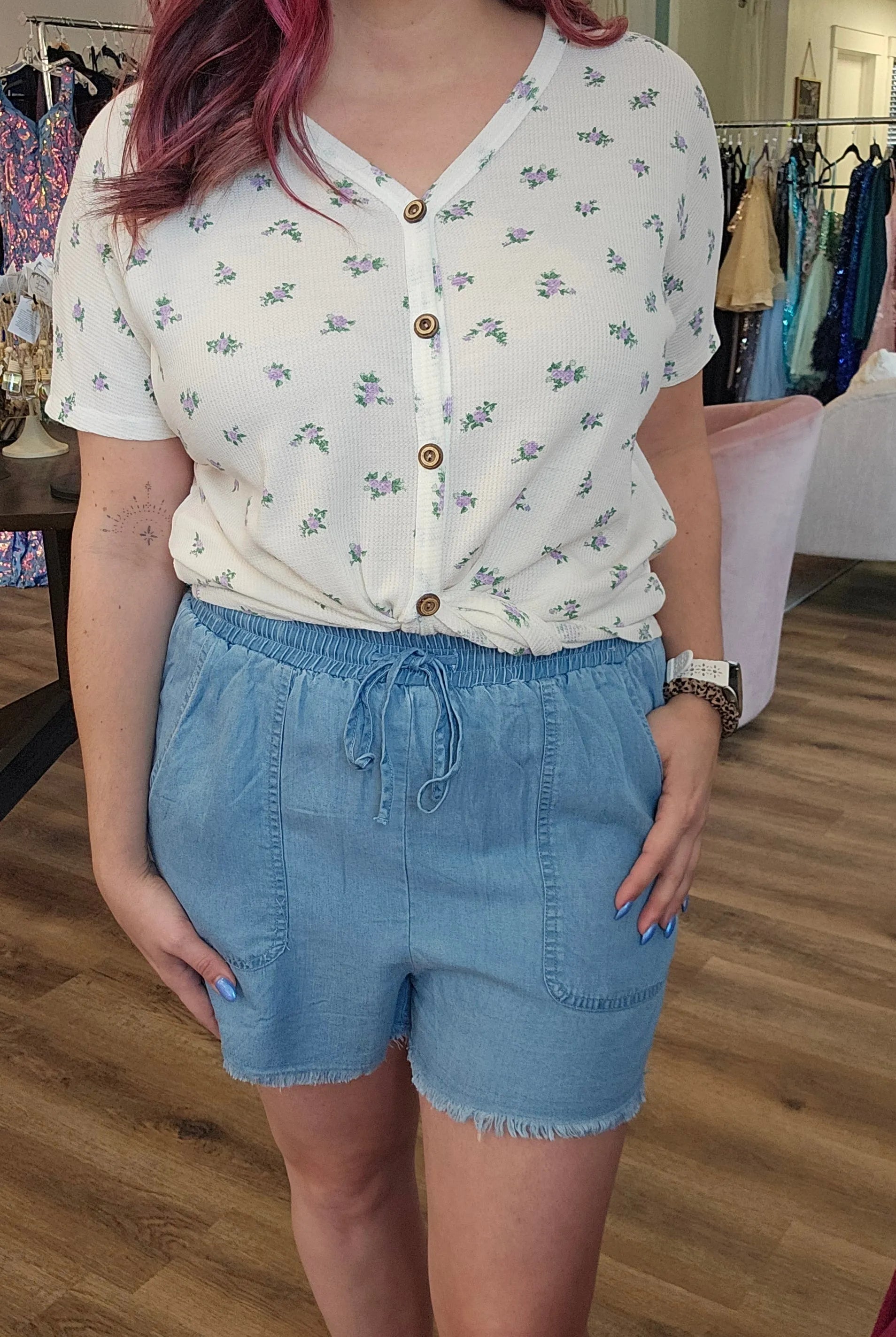 Shop Distressed Hem Patch Pocket Shorts-Small at Ruby Joy Boutique, a Women's Clothing Store in Pickerington, Ohio