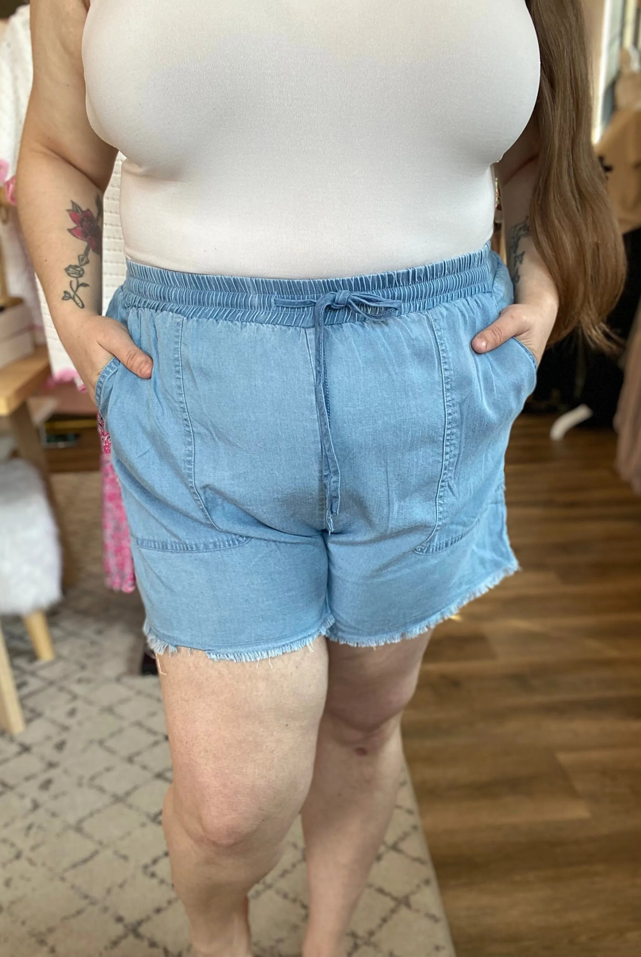 Shop Distressed Hem Patch Pocket Shorts- at Ruby Joy Boutique, a Women's Clothing Store in Pickerington, Ohio