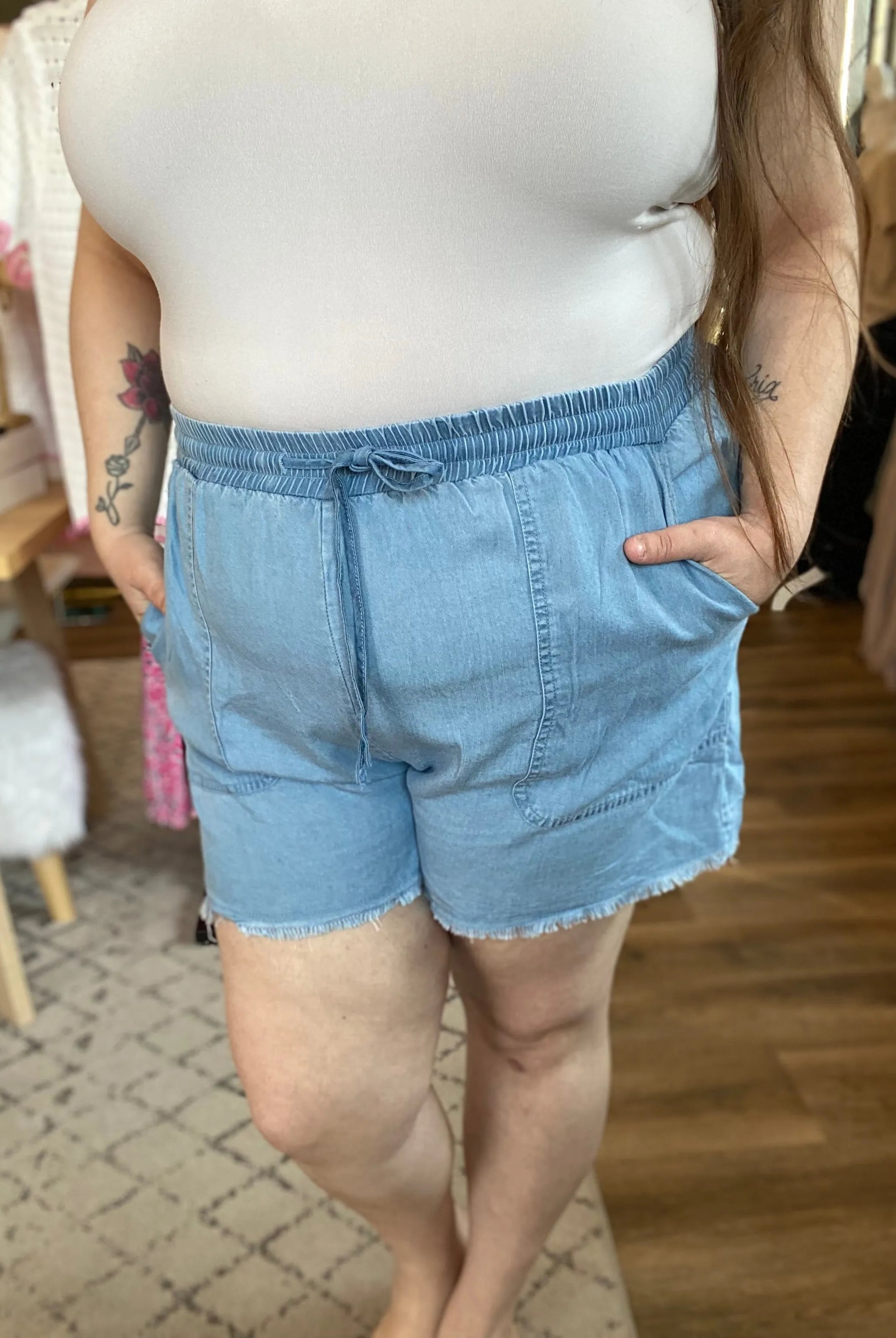 Shop Distressed Hem Patch Pocket Shorts-1XL at Ruby Joy Boutique, a Women's Clothing Store in Pickerington, Ohio