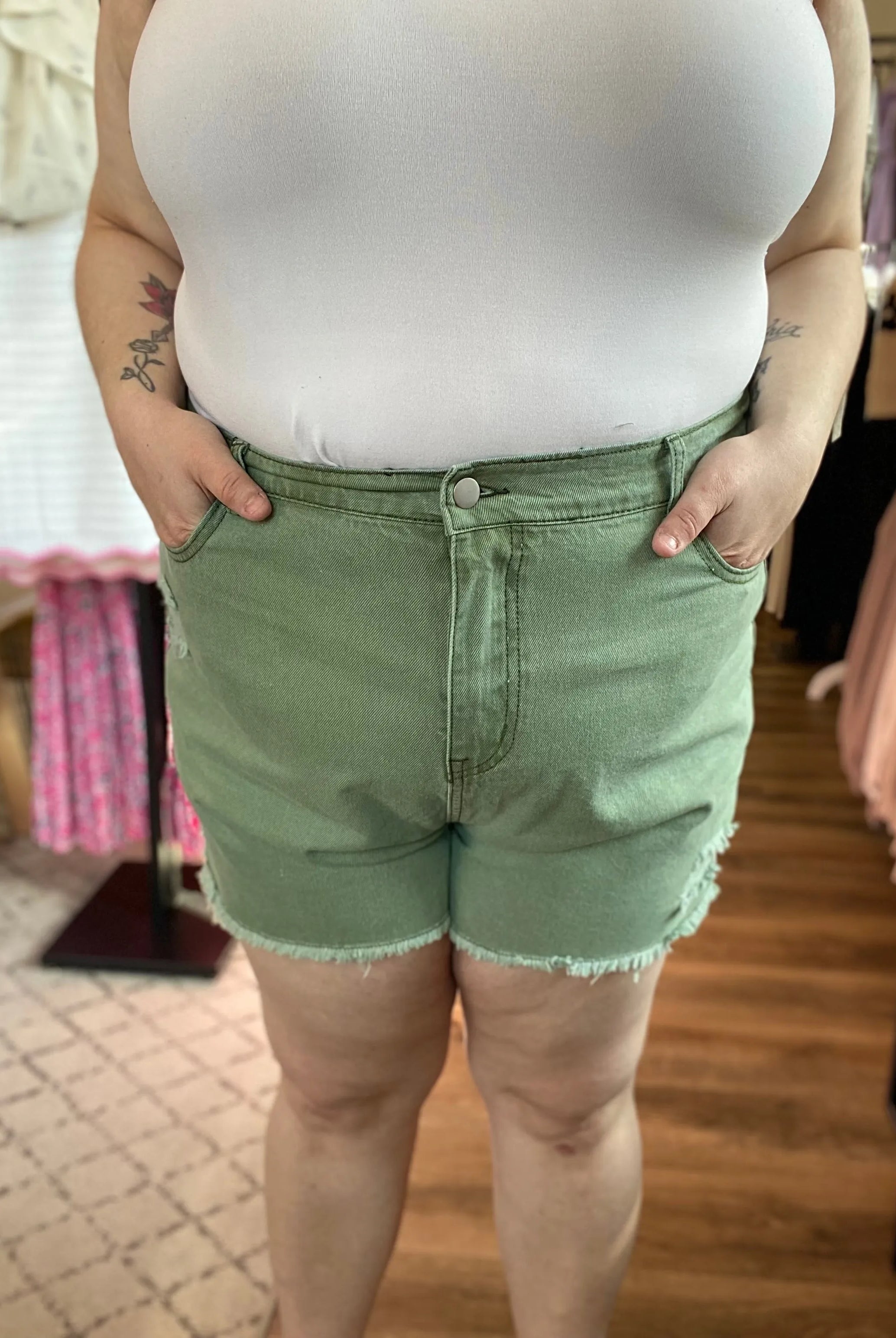 Shop Distressed Washed Color Denim Shorts - Olive- at Ruby Joy Boutique, a Women's Clothing Store in Pickerington, Ohio
