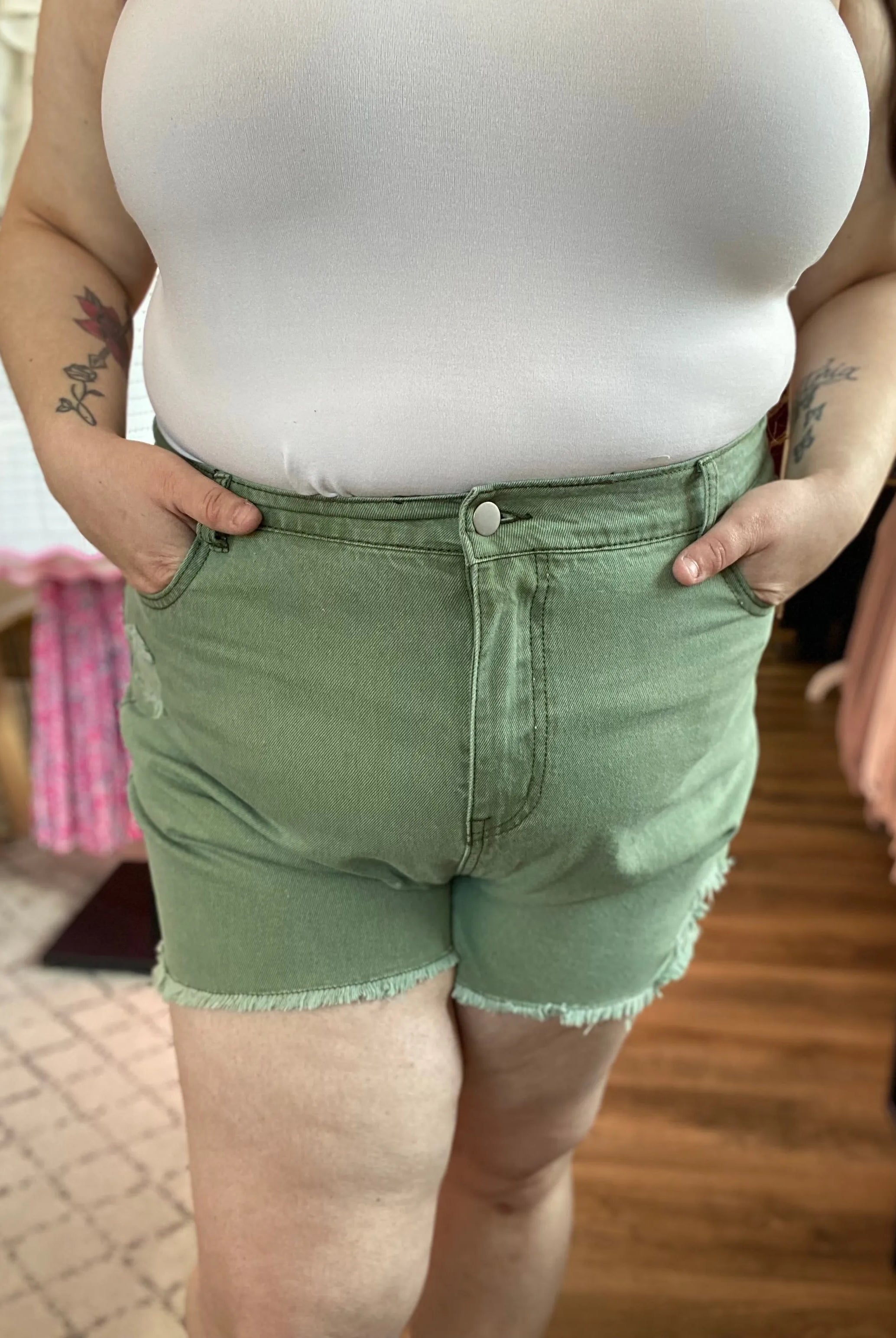 Shop Distressed Washed Color Denim Shorts - Olive- at Ruby Joy Boutique, a Women's Clothing Store in Pickerington, Ohio