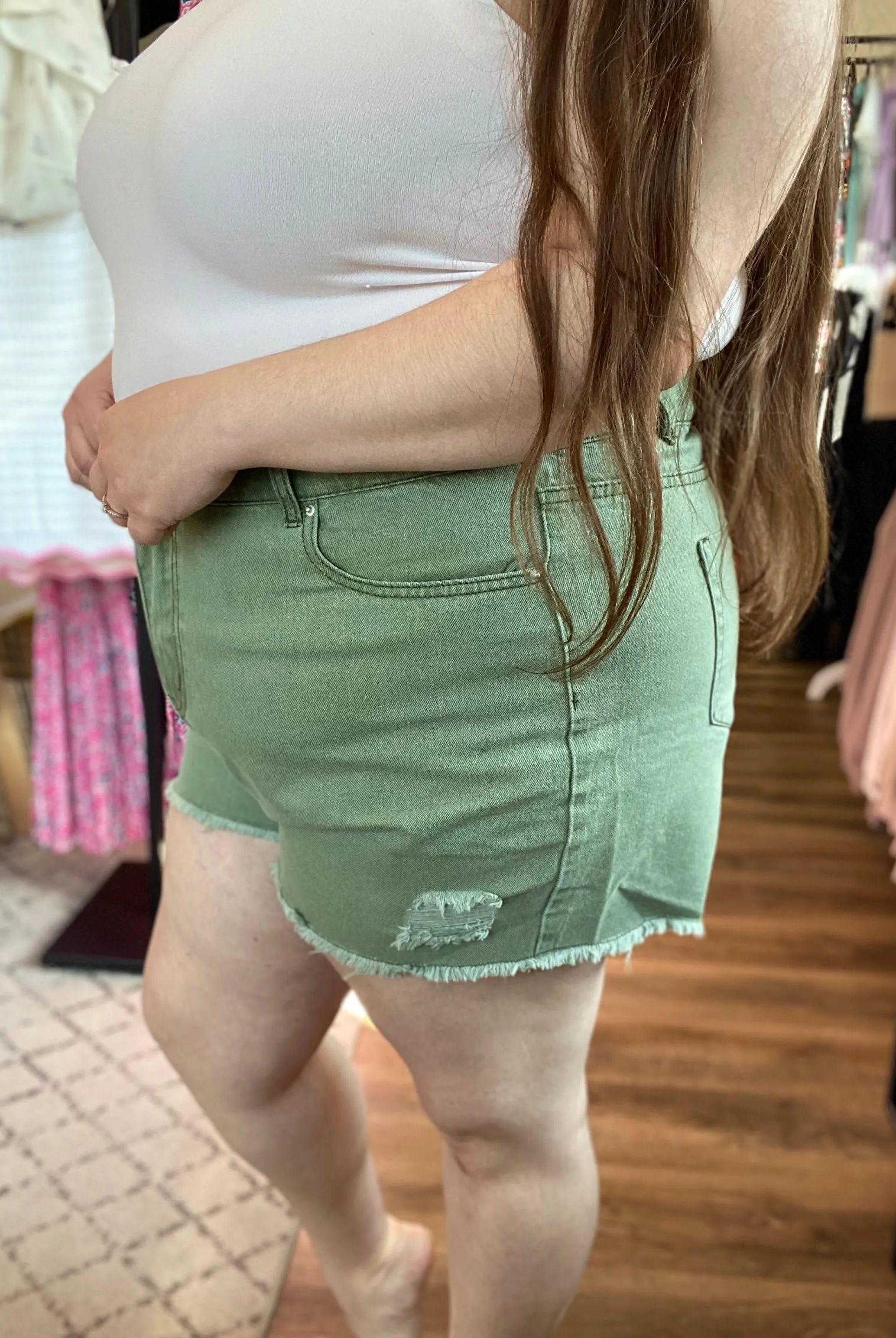 Shop Distressed Washed Color Denim Shorts - Olive-1XL at Ruby Joy Boutique, a Women's Clothing Store in Pickerington, Ohio