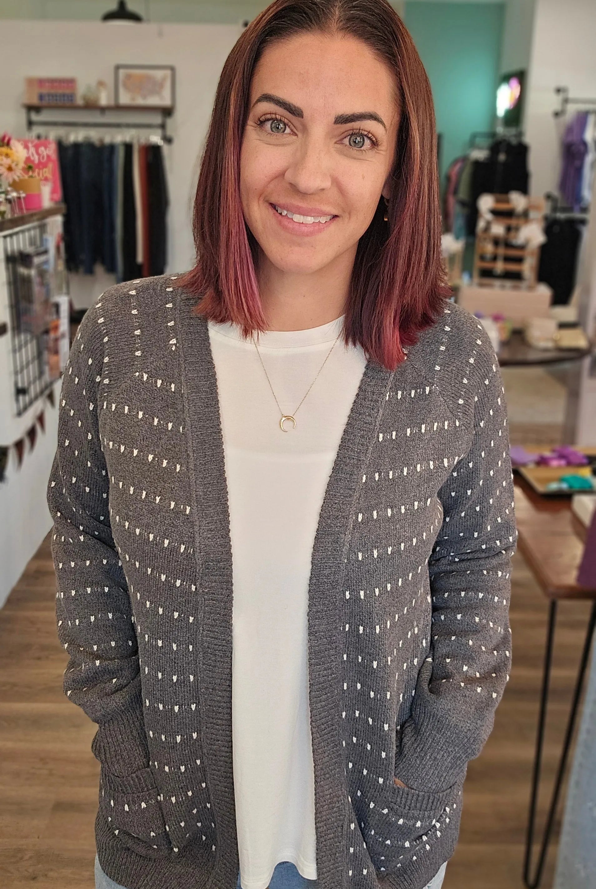 Shop Dot Striped Cardigan - Charcoal- at Ruby Joy Boutique, a Women's Clothing Store in Pickerington, Ohio